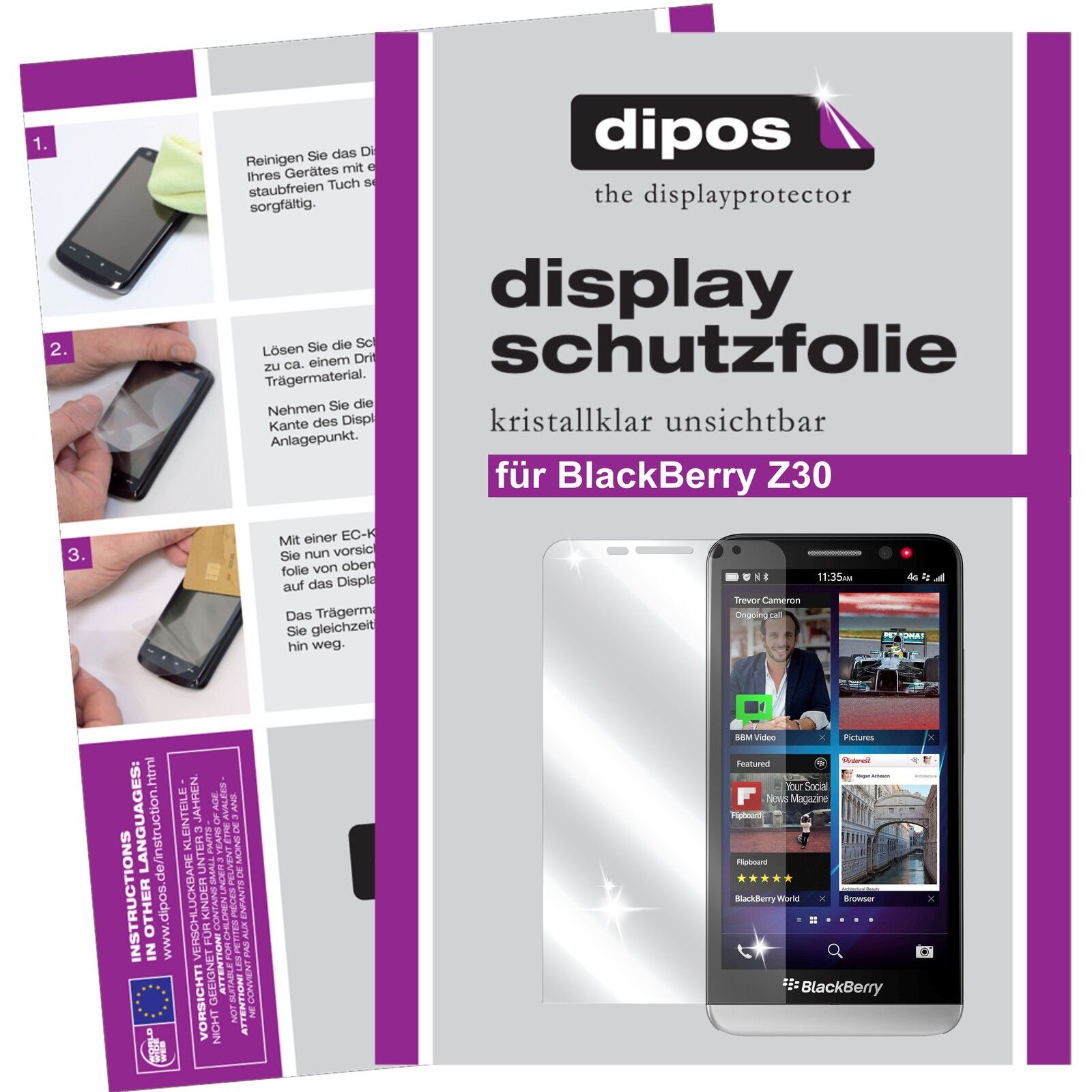 Klare Displayschutzfolie von dipos passend für Z30 Blackberry, präziser Zuschnitt und blasenfrei montiert