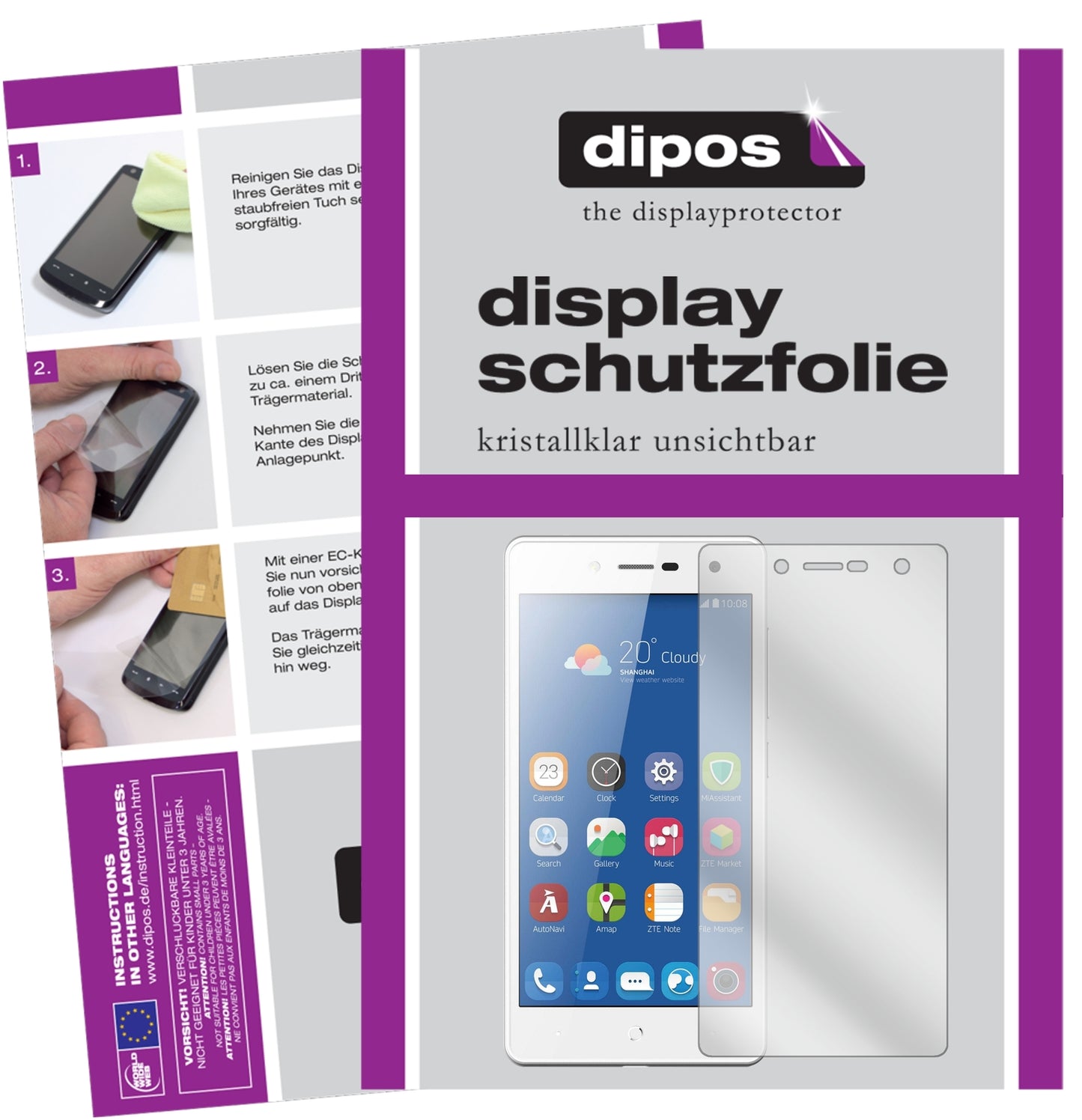 Klare Displayschutzfolie von dipos passend für ZTE Blade L7, präziser Zuschnitt und blasenfrei montiert