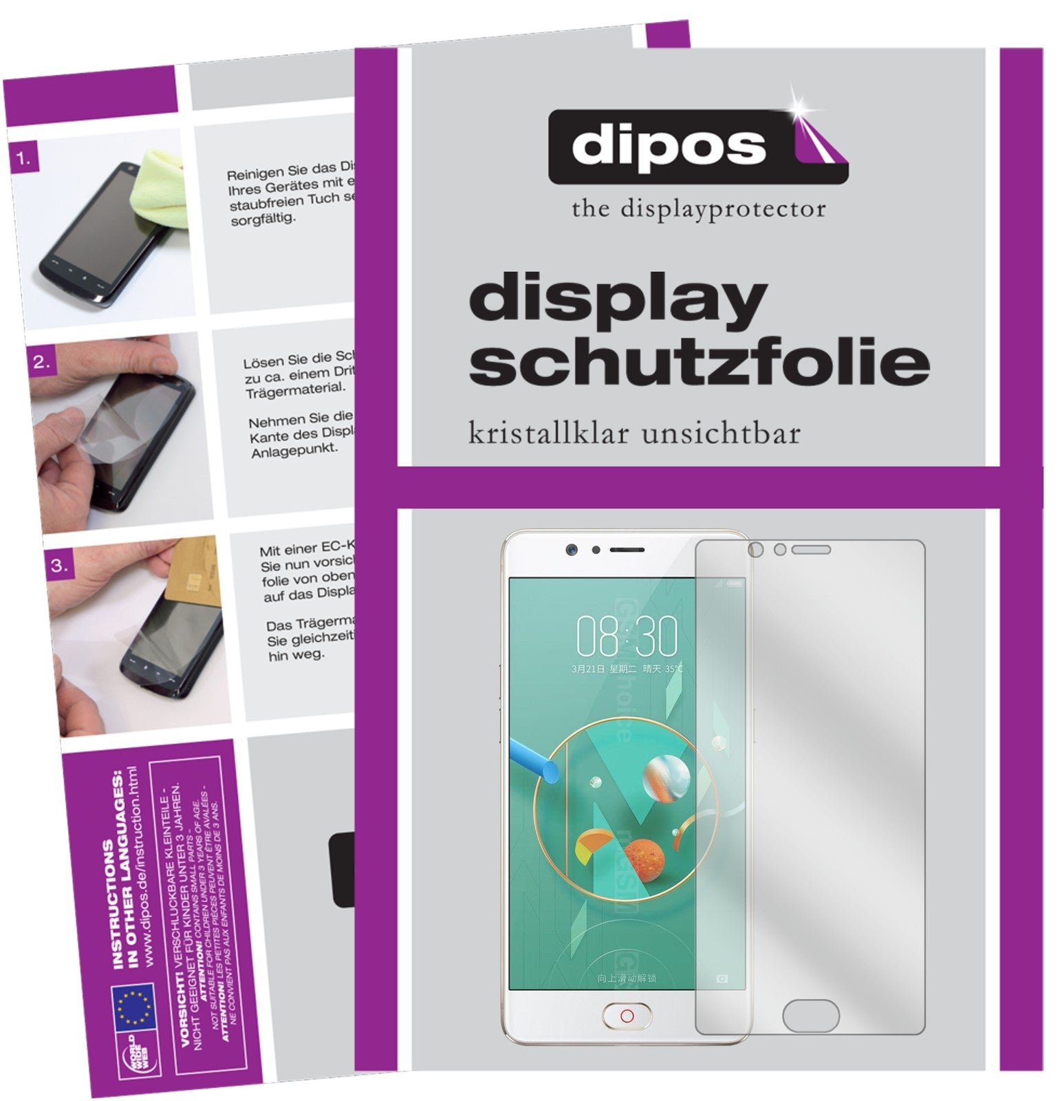 Klare Displayschutzfolie von dipos passend für ZTE Nubia M2, präziser Zuschnitt und blasenfrei montiert