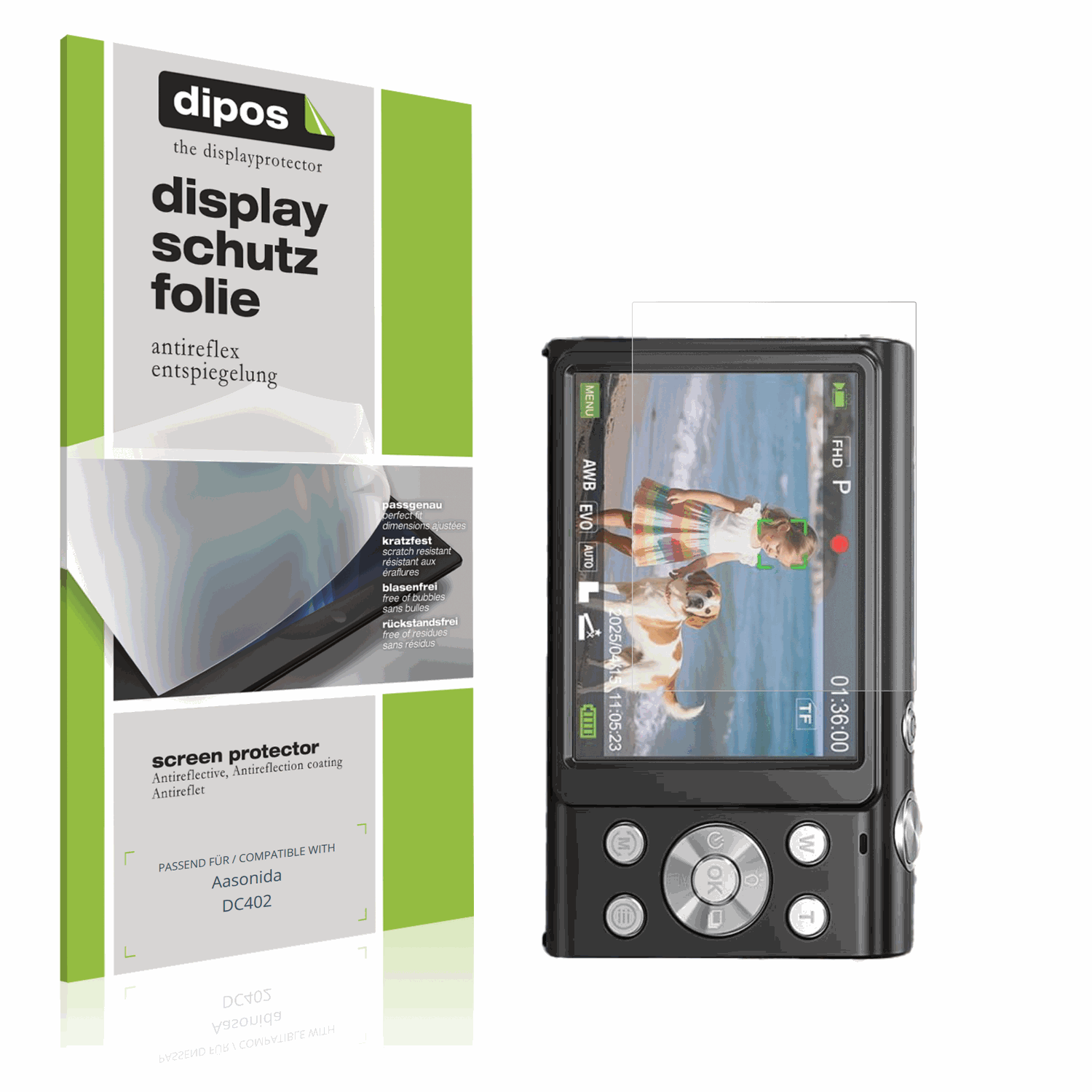 Matte Displayschutzfolie von dipos passend für Aasonida DC402, präziser Zuschnitt und blasenfrei montiert