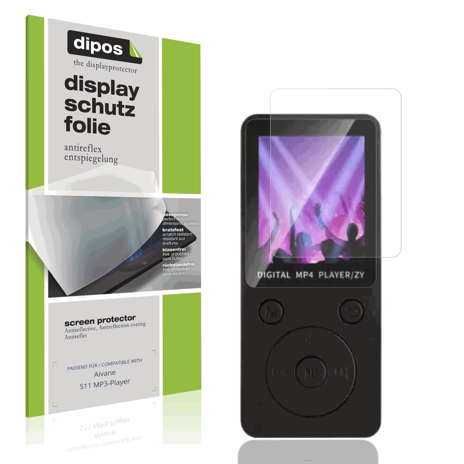 Matte Displayschutzfolie von dipos passend für Aivane S11 MP3-Player, präziser Zuschnitt und blasenfrei montiert