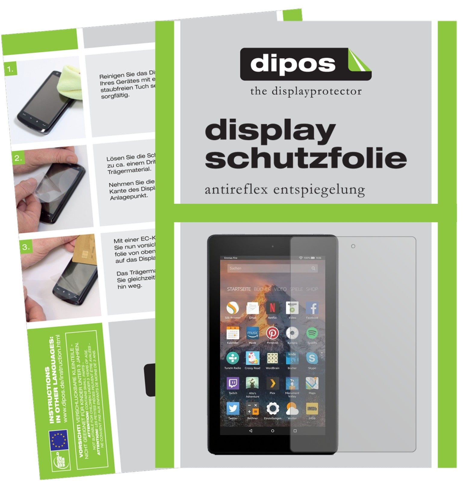 Matte Displayschutzfolie von dipos passend für Amazon Fire HD 8 (2017), präziser Zuschnitt und blasenfrei montiert