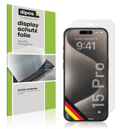 Matte Displayschutzfolie von dipos passend für Apple iPhone 15 Pro, präziser Zuschnitt und blasenfrei montiert