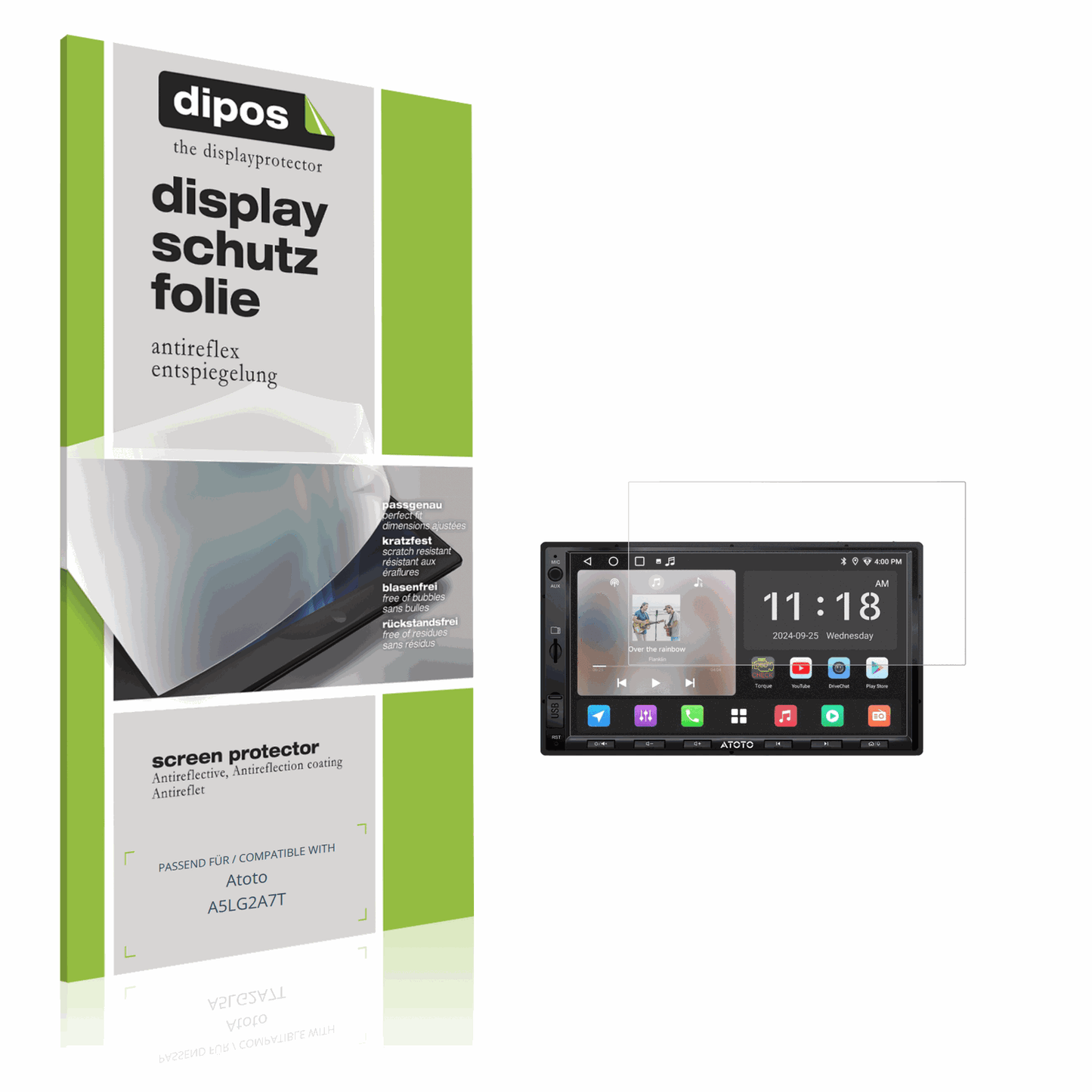 Matte Displayschutzfolie von dipos passend für Atoto A5LG2A7T, präziser Zuschnitt und blasenfrei montiert