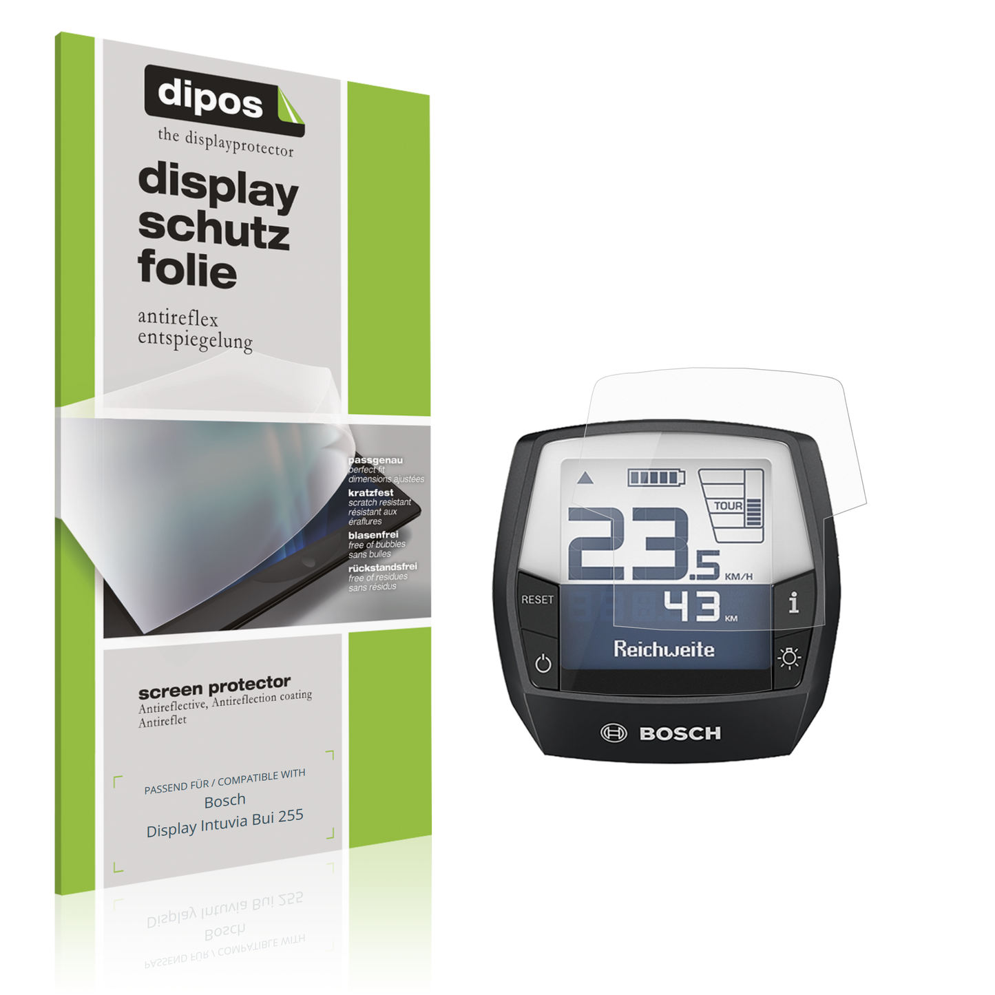 Matte Displayschutzfolie von dipos passend für Bosch Display Intuvia Bui 255, präziser Zuschnitt und blasenfrei montiert