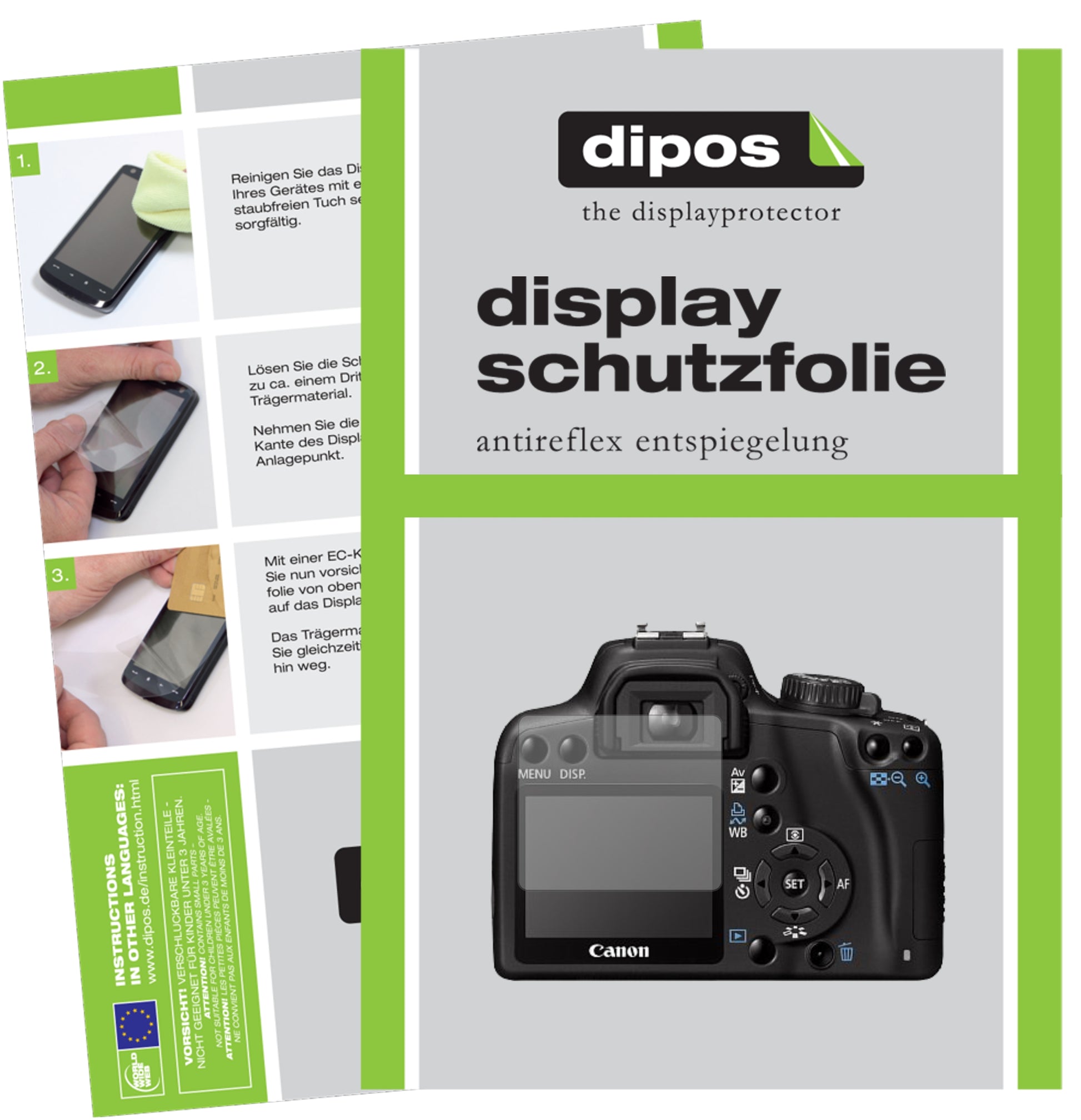 Matte Displayschutzfolie von dipos passend für Canon EOS 1000D, präziser Zuschnitt und blasenfrei montiert