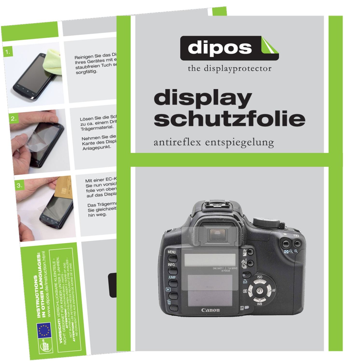 Matte Displayschutzfolie von dipos passend für Canon EOS 350D, präziser Zuschnitt und blasenfrei montiert