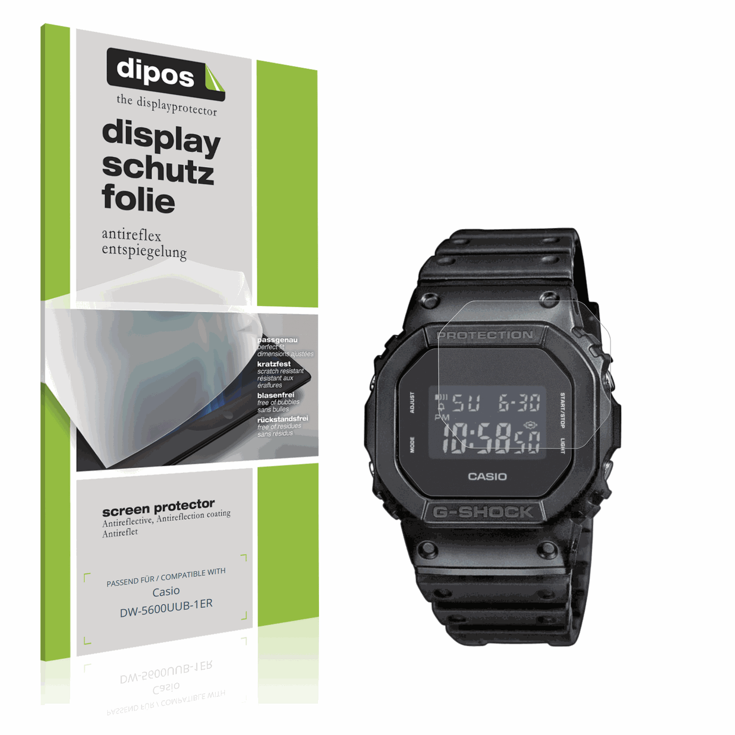 Matte Displayschutzfolie von dipos passend für Casio DW-5600UUB-1ER, präziser Zuschnitt und blasenfrei montiert
