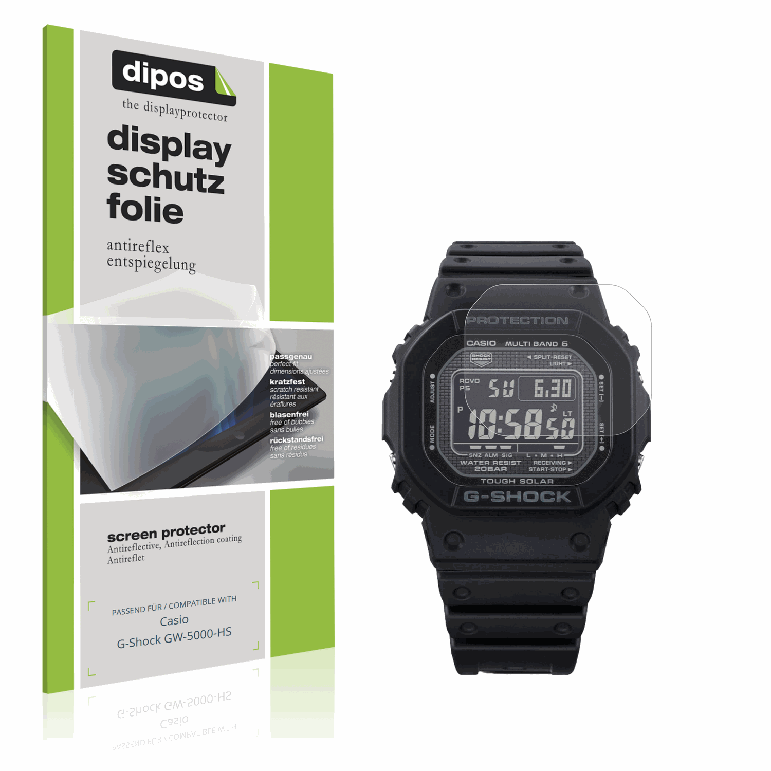 Matte Displayschutzfolie von dipos passend für Casio G-Shock GW-5000-HS, präziser Zuschnitt und blasenfrei montiert