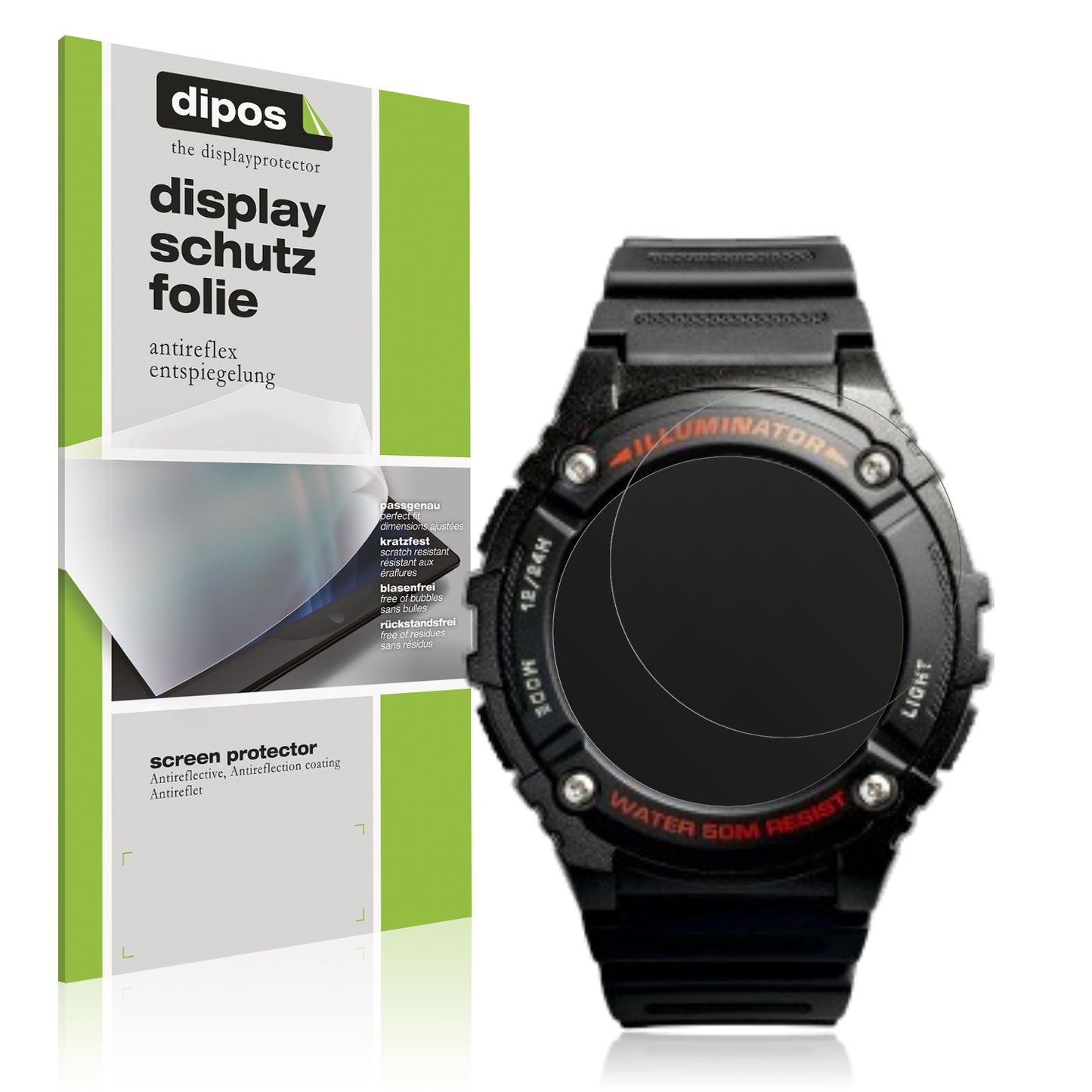 Matte Displayschutzfolie von dipos passend für Casio W-2016H-1AV Rund, präziser Zuschnitt und blasenfrei montiert