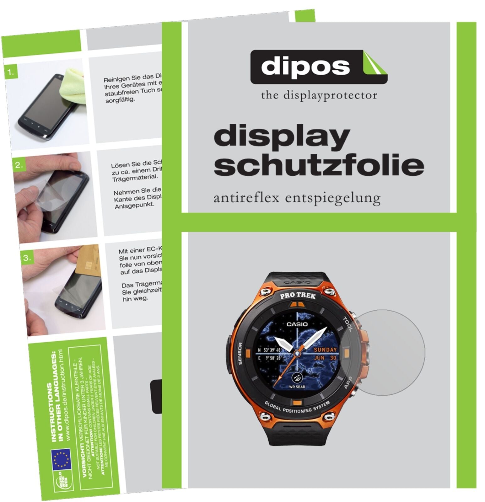 Matte Displayschutzfolie von dipos passend für Casio WSD-F20, präziser Zuschnitt und blasenfrei montiert