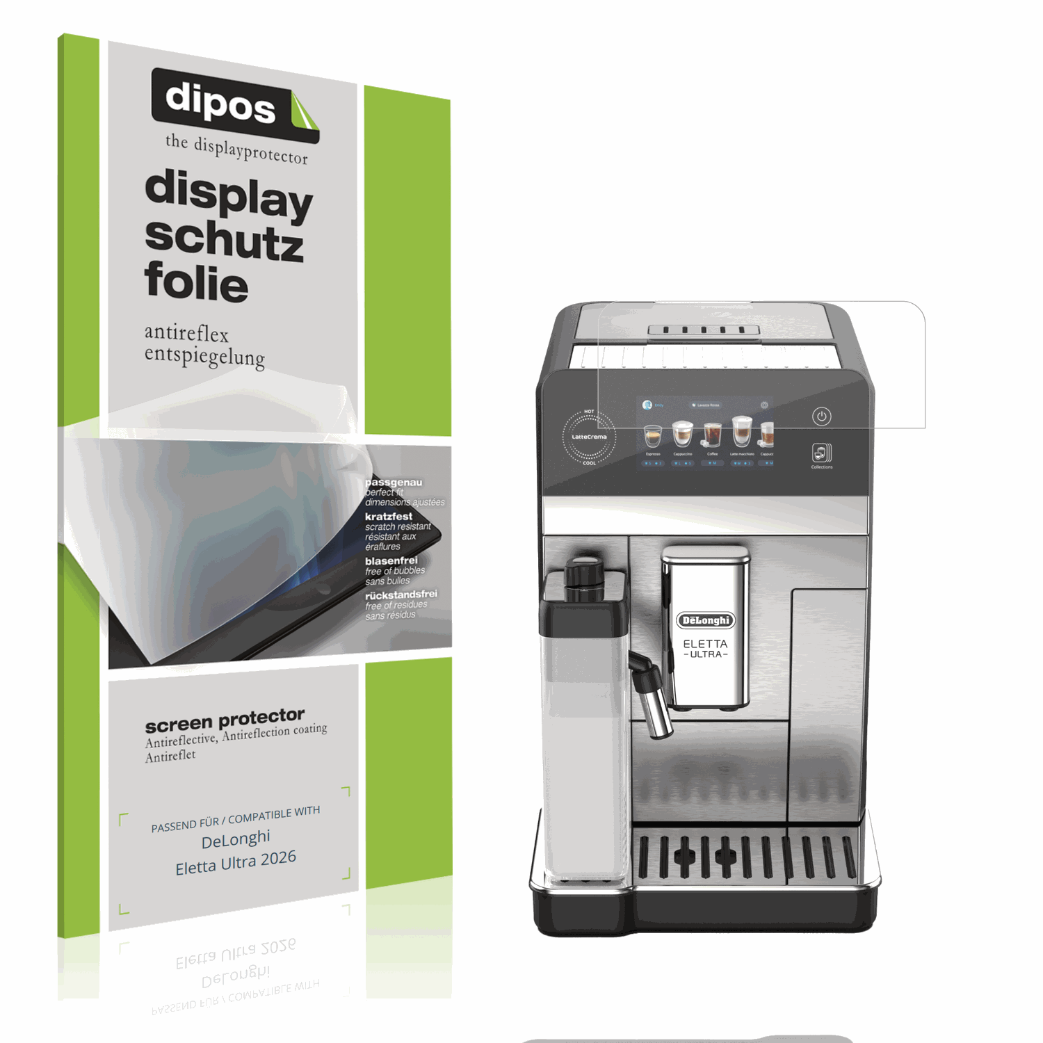 Matte Displayschutzfolie von dipos passend für DeLonghi Eletta Ultra 2026, präziser Zuschnitt und blasenfrei montiert