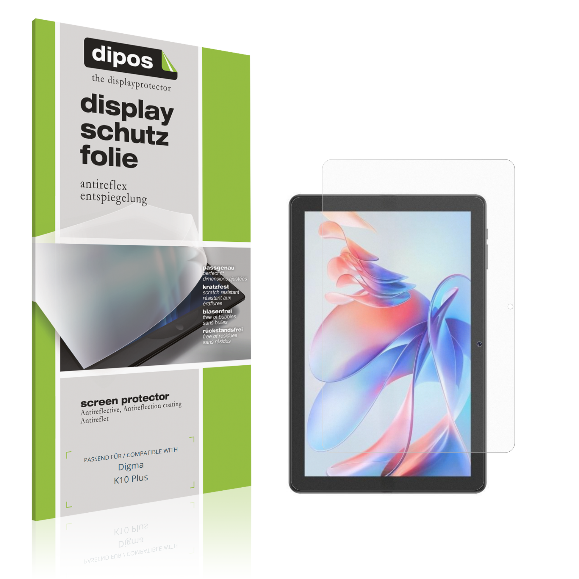 Matte Displayschutzfolie von dipos passend für Digma K10 Plus, präziser Zuschnitt und blasenfrei montiert