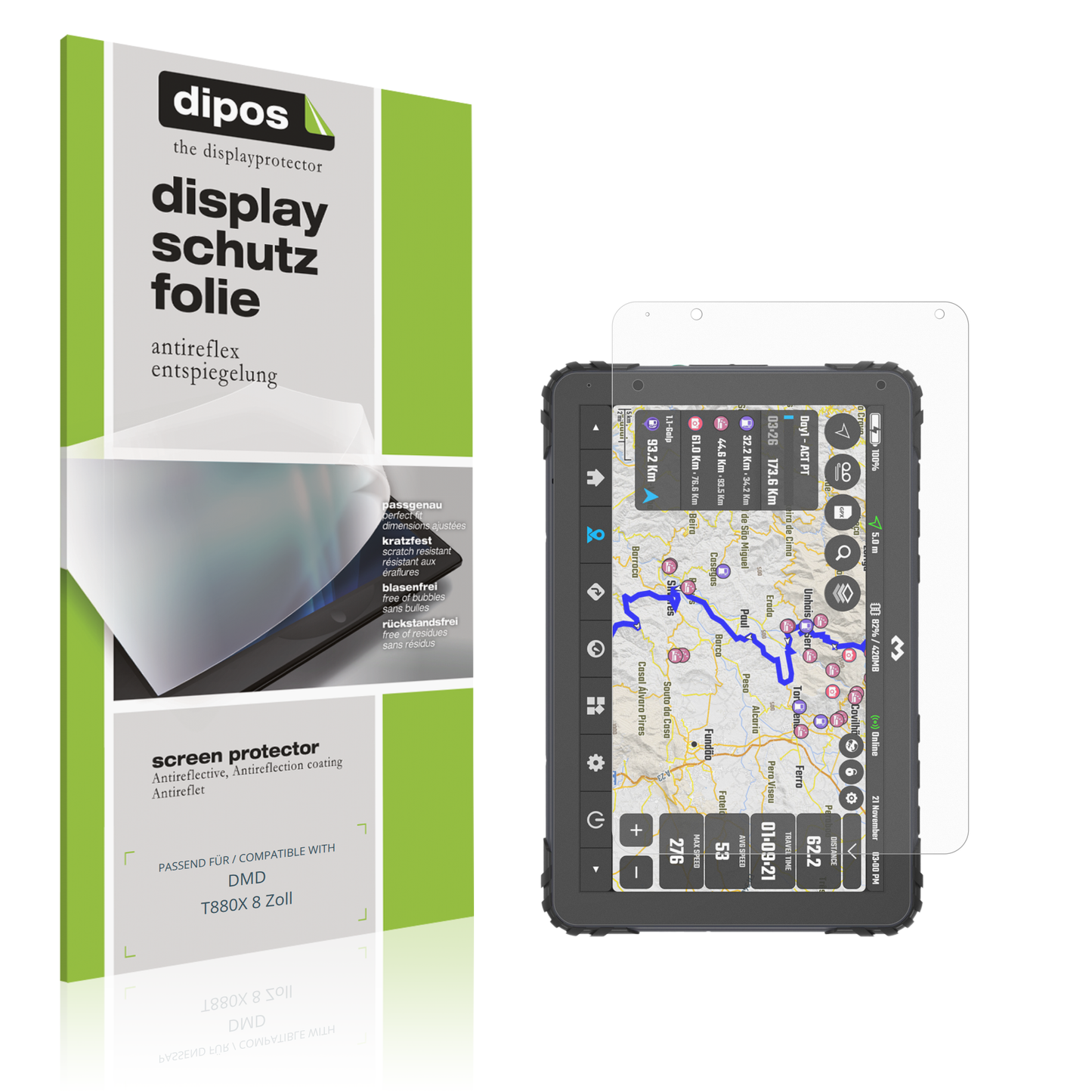 Matte Displayschutzfolie von dipos passend für DMD T880X 8 Zoll, präziser Zuschnitt und blasenfrei montiert