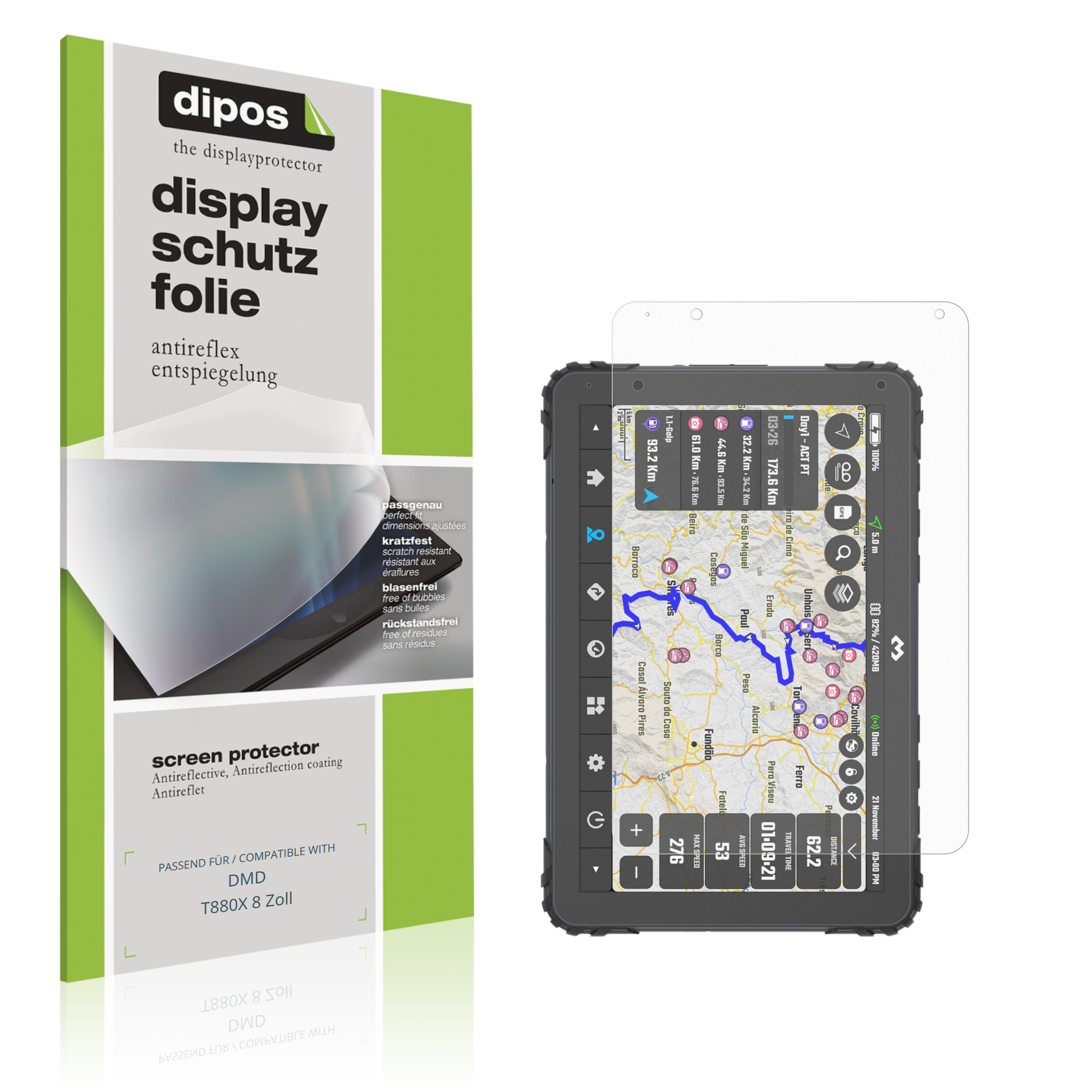 Matte Displayschutzfolie von dipos passend für DMD T880X 8 Zoll, präziser Zuschnitt und blasenfrei montiert