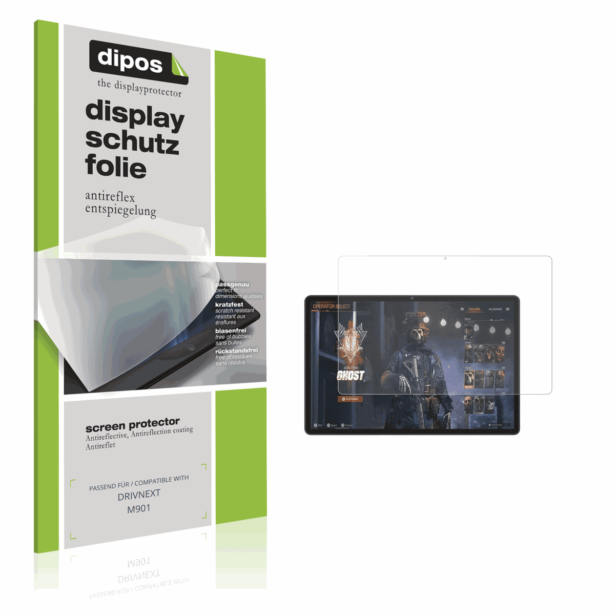 Matte Displayschutzfolie von dipos passend für DRIVNEXT M901, präziser Zuschnitt und blasenfrei montiert