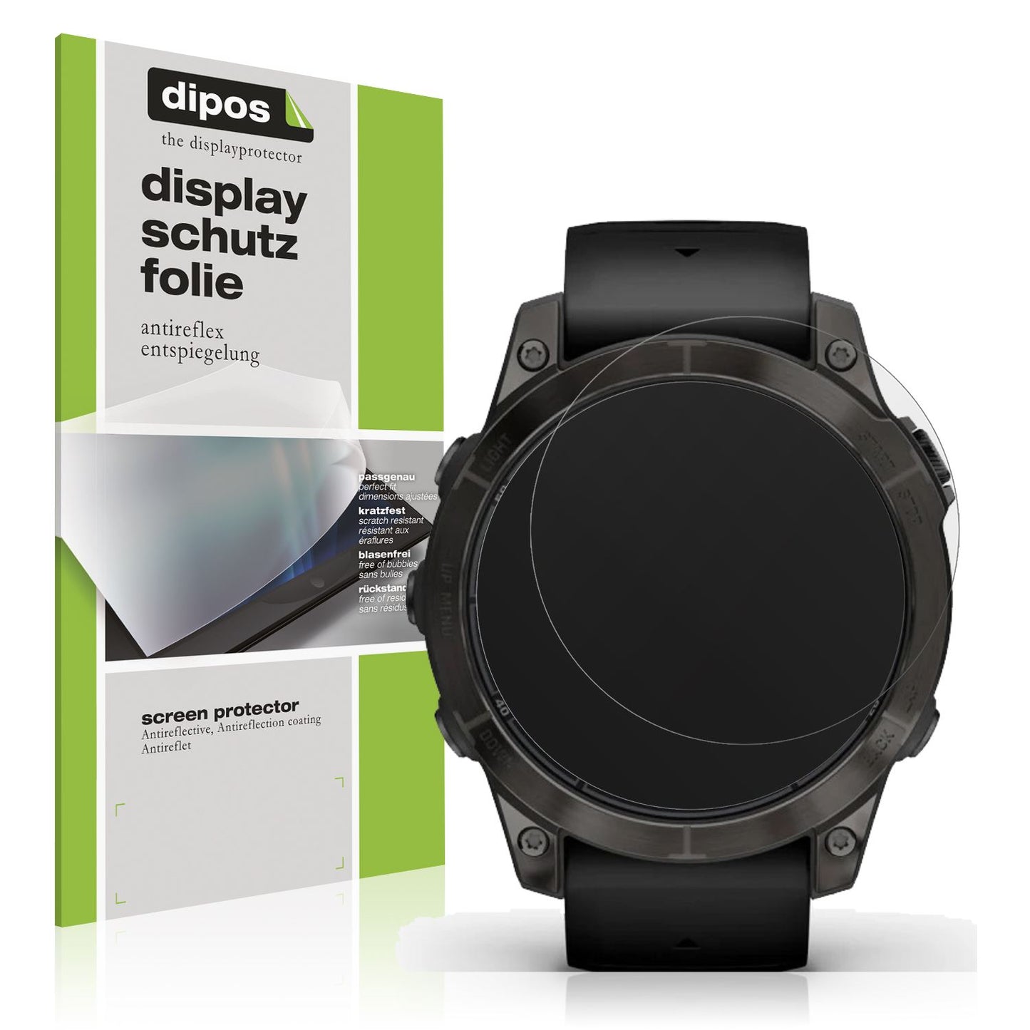 Matte Displayschutzfolie von dipos passend für Garmin Fenix 7 Pro 51mm, präziser Zuschnitt und blasenfrei montiert