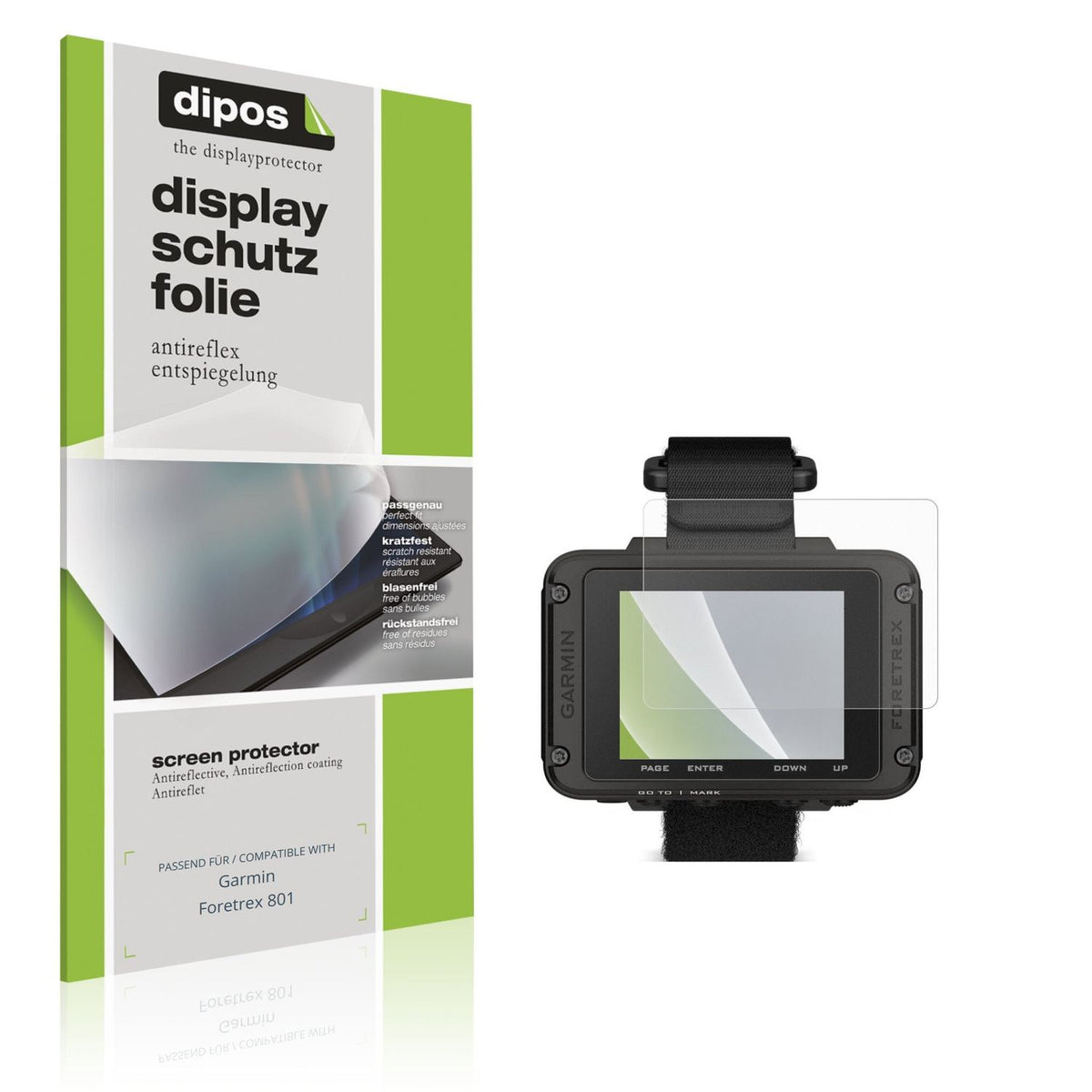 Matte Displayschutzfolie von dipos passend für Garmin Foretrex 801, präziser Zuschnitt und blasenfrei montiert