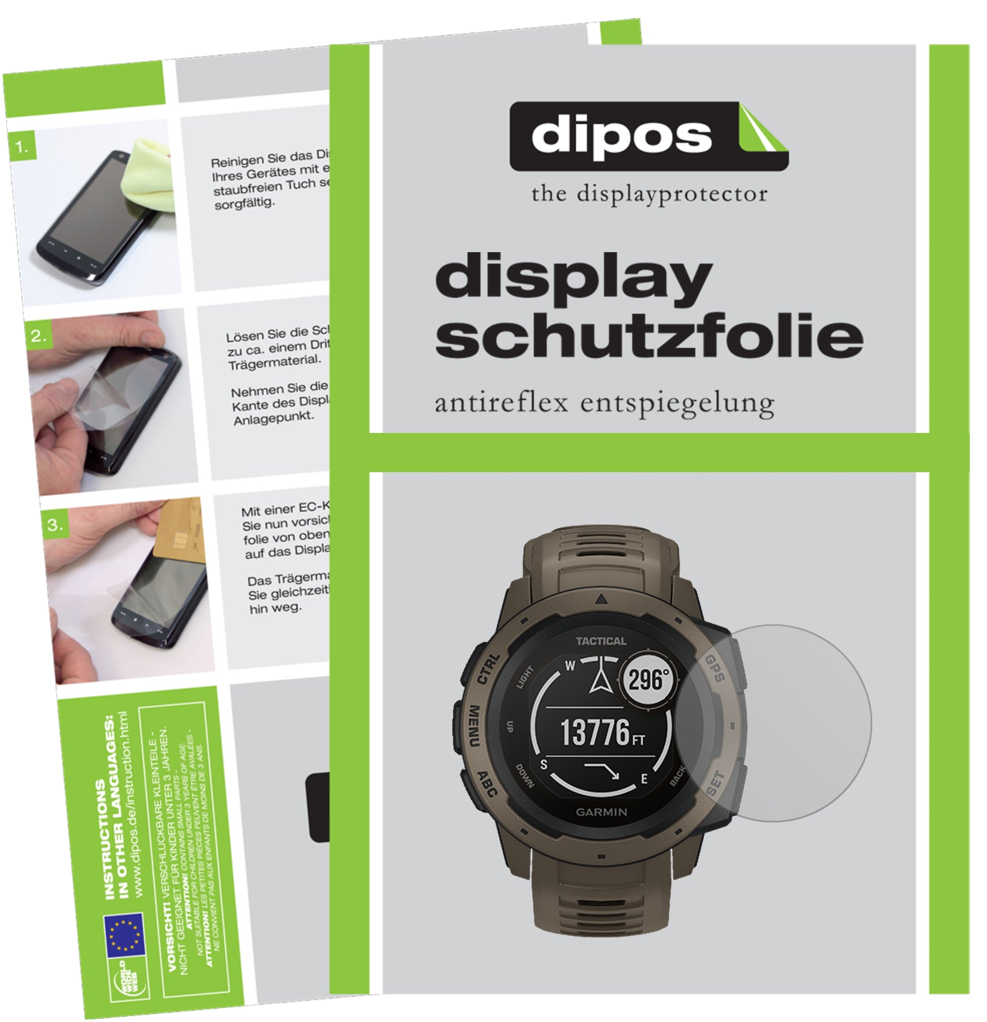Matte Displayschutzfolie von dipos passend für Garmin Instinct Tactical Edition, präziser Zuschnitt und blasenfrei montiert
