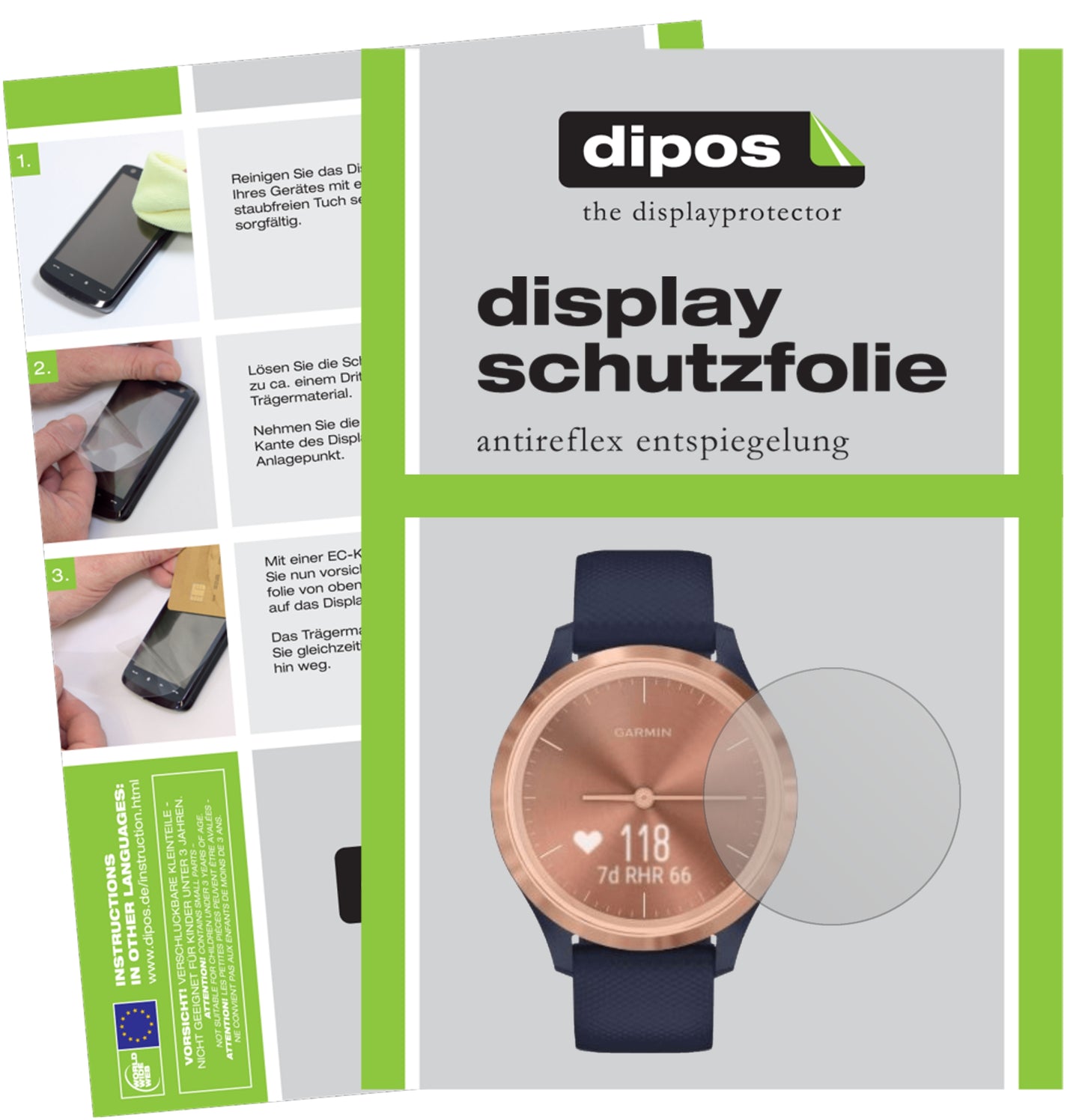 Matte Displayschutzfolie von dipos passend für Garmin Vivomove 3s, präziser Zuschnitt und blasenfrei montiert