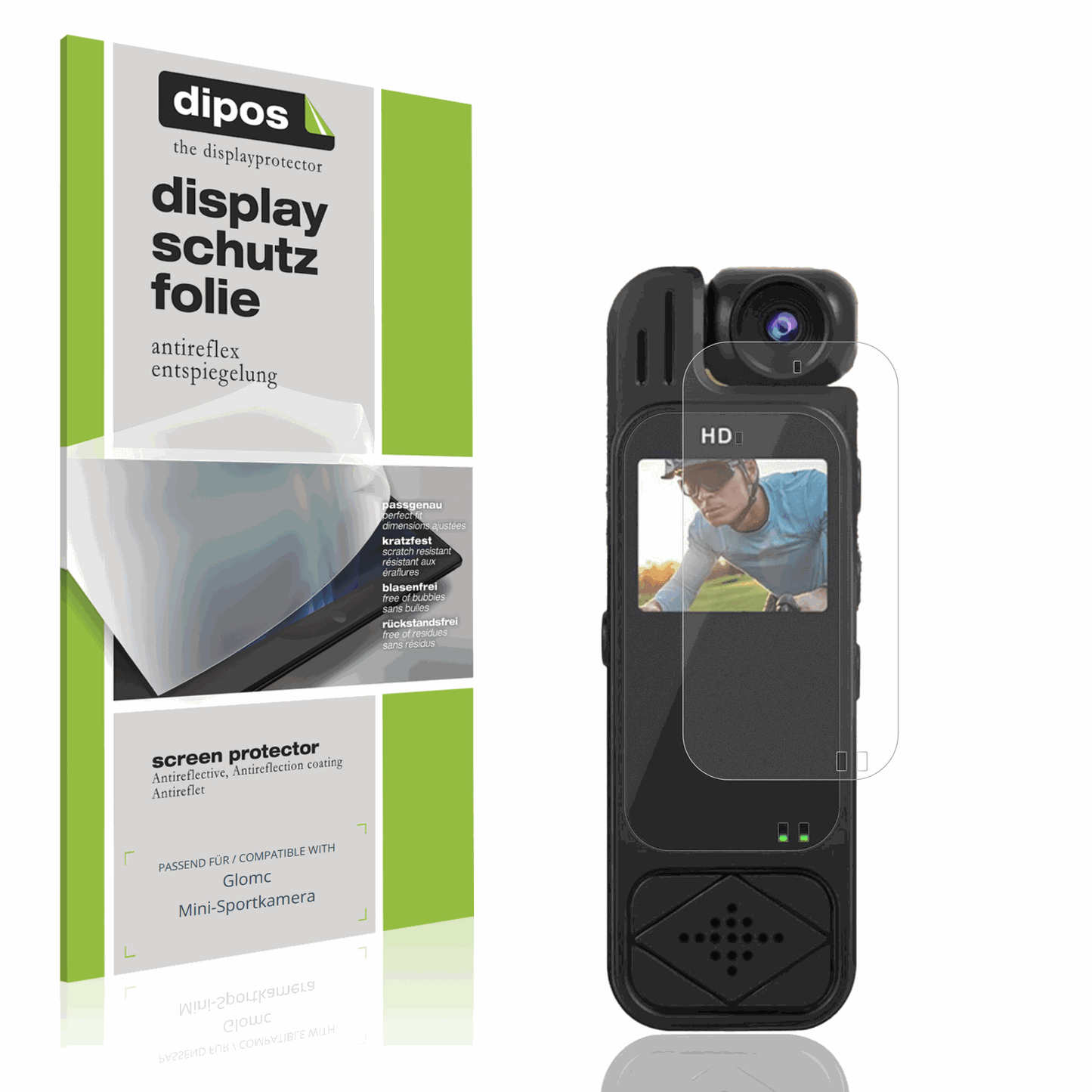 Matte Displayschutzfolie von dipos passend für Glomc Mini-Sportkamera, präziser Zuschnitt und blasenfrei montiert