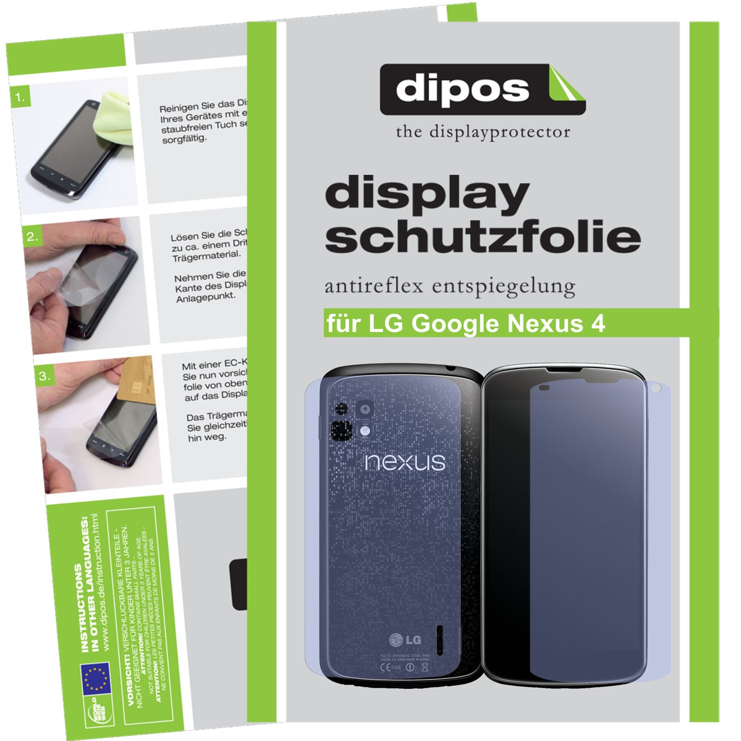 Matte Displayschutzfolie von dipos passend für Google Nexus 4 LG, präziser Zuschnitt und blasenfrei montiert