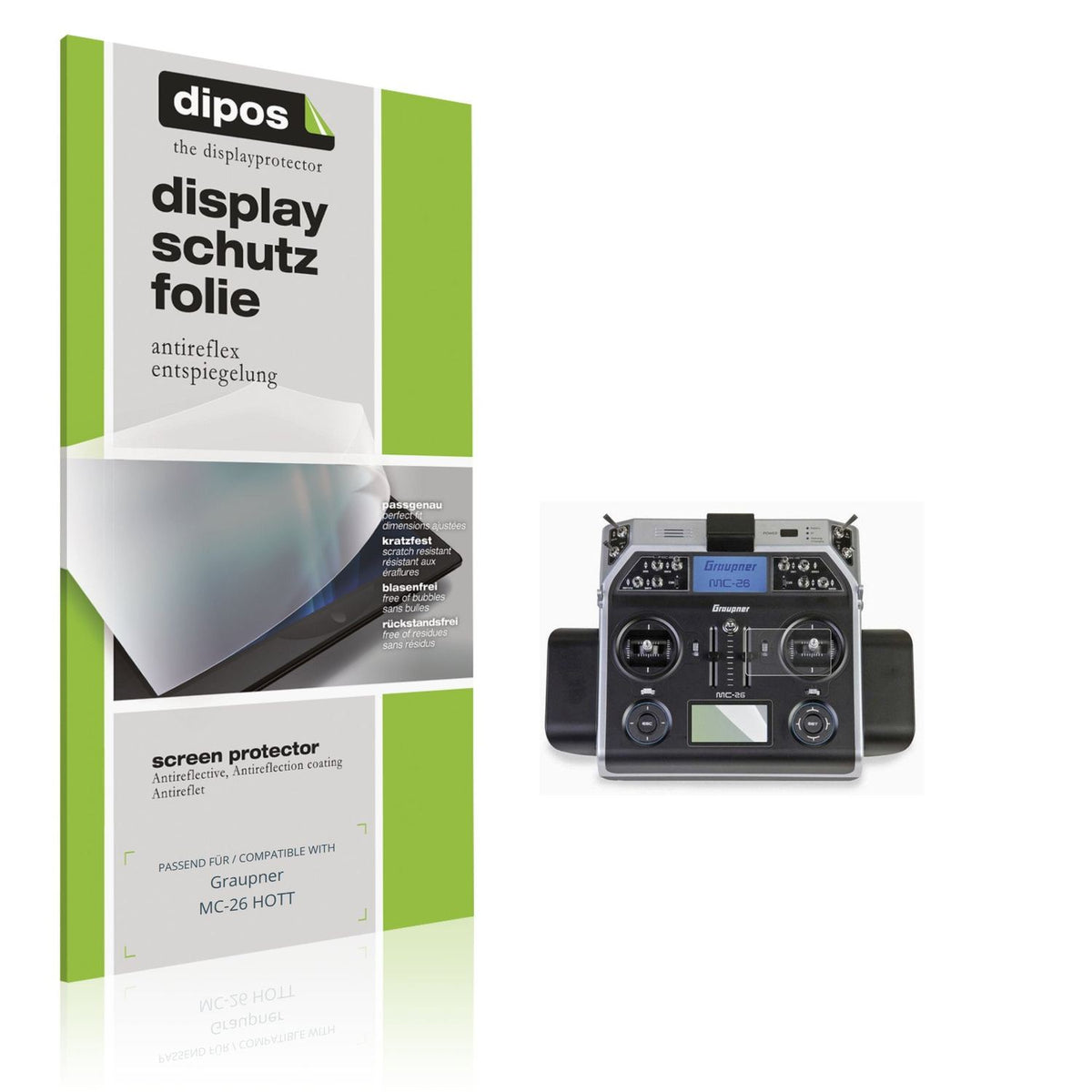 Matte Displayschutzfolie von dipos passend für Graupner MC-26 HOTT, präziser Zuschnitt und blasenfrei montiert