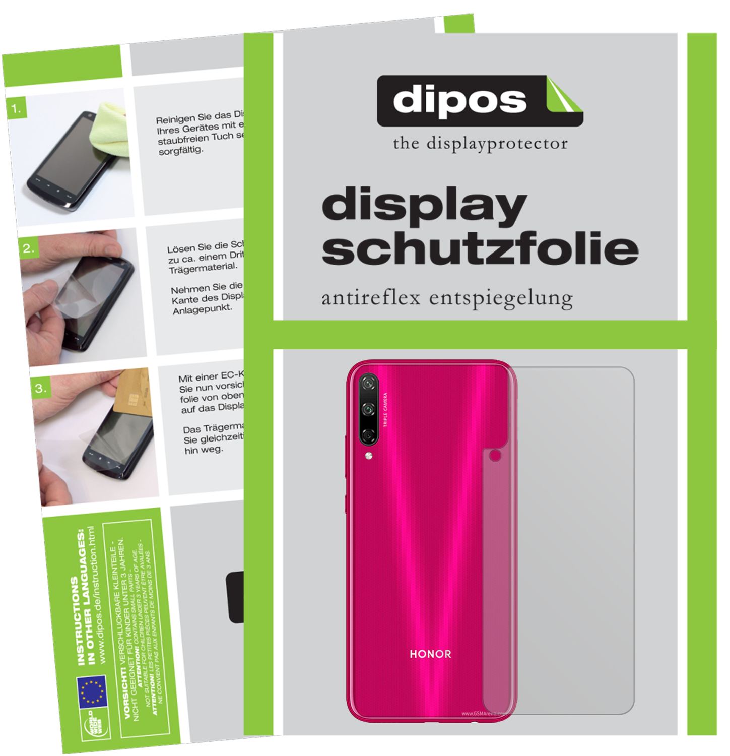 Matte Displayschutzfolie von dipos passend für Honor Play 3 Rückseite, präziser Zuschnitt und blasenfrei montiert