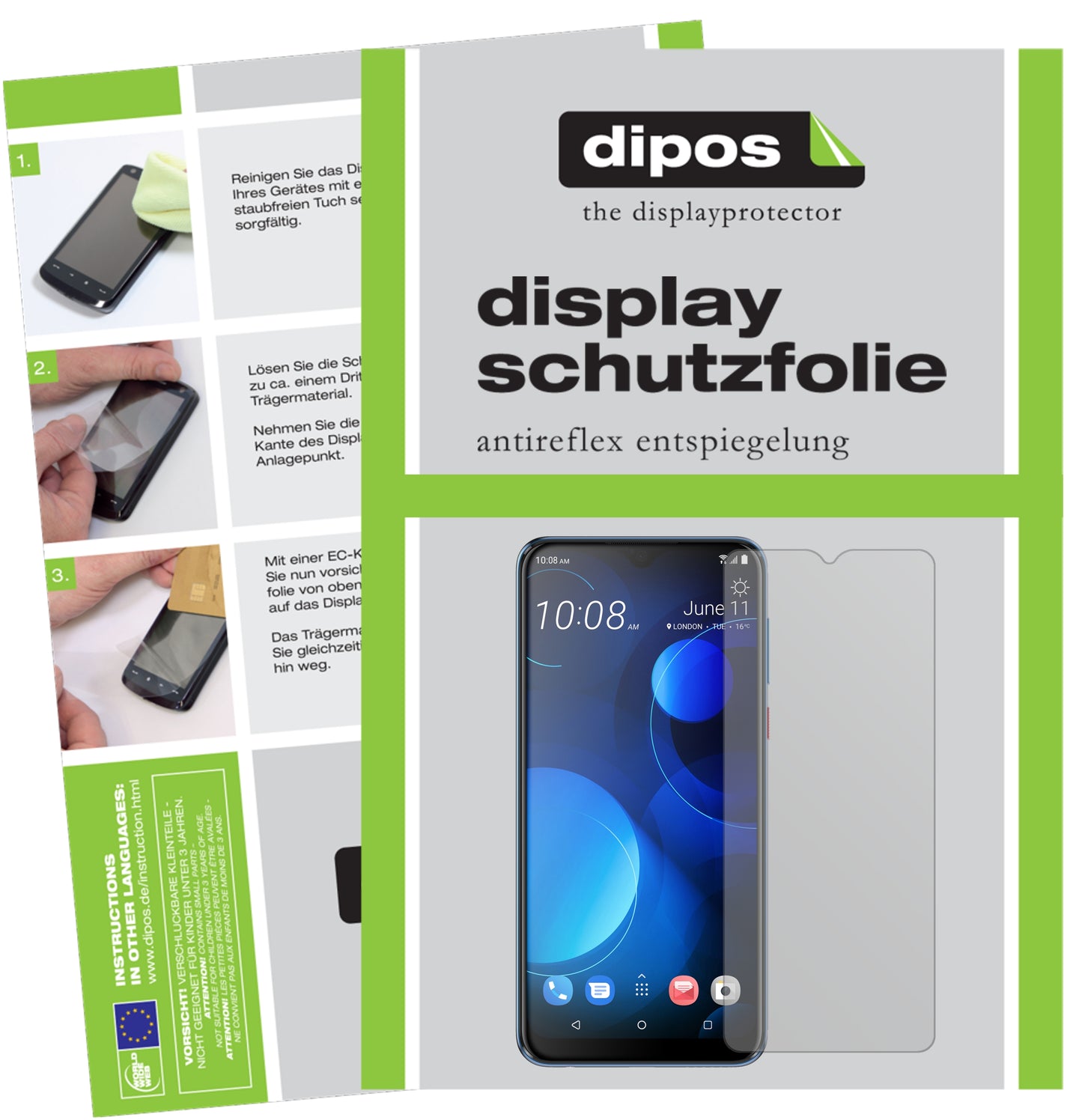 Matte Displayschutzfolie von dipos passend für HTC Desire 19 Plus, präziser Zuschnitt und blasenfrei montiert