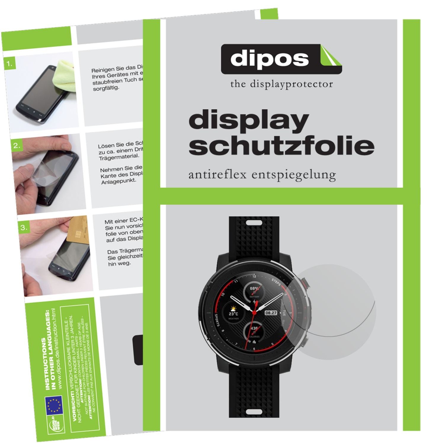 Matte Displayschutzfolie von dipos passend für Huami Amazfit Stratos 3, präziser Zuschnitt und blasenfrei montiert