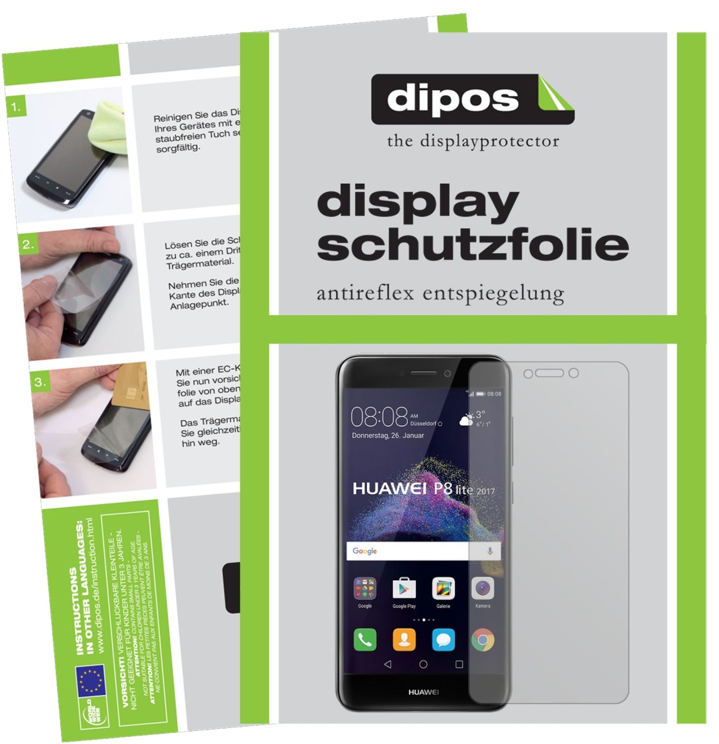 Matte Displayschutzfolie von dipos passend für Huawei P8 Lite2017, präziser Zuschnitt und blasenfrei montiert