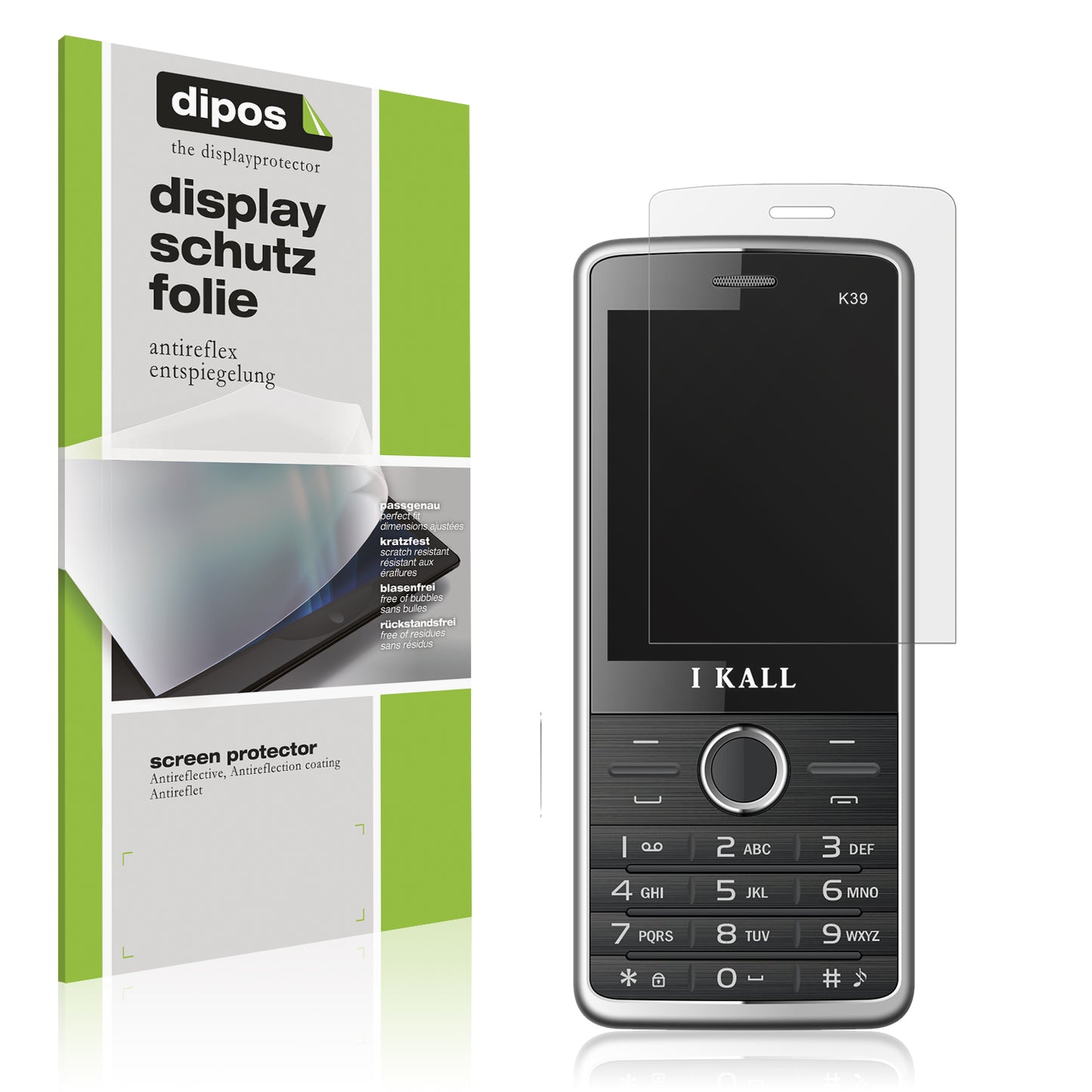 Matte Displayschutzfolie von dipos passend für I Kall K39 New, präziser Zuschnitt und blasenfrei montiert