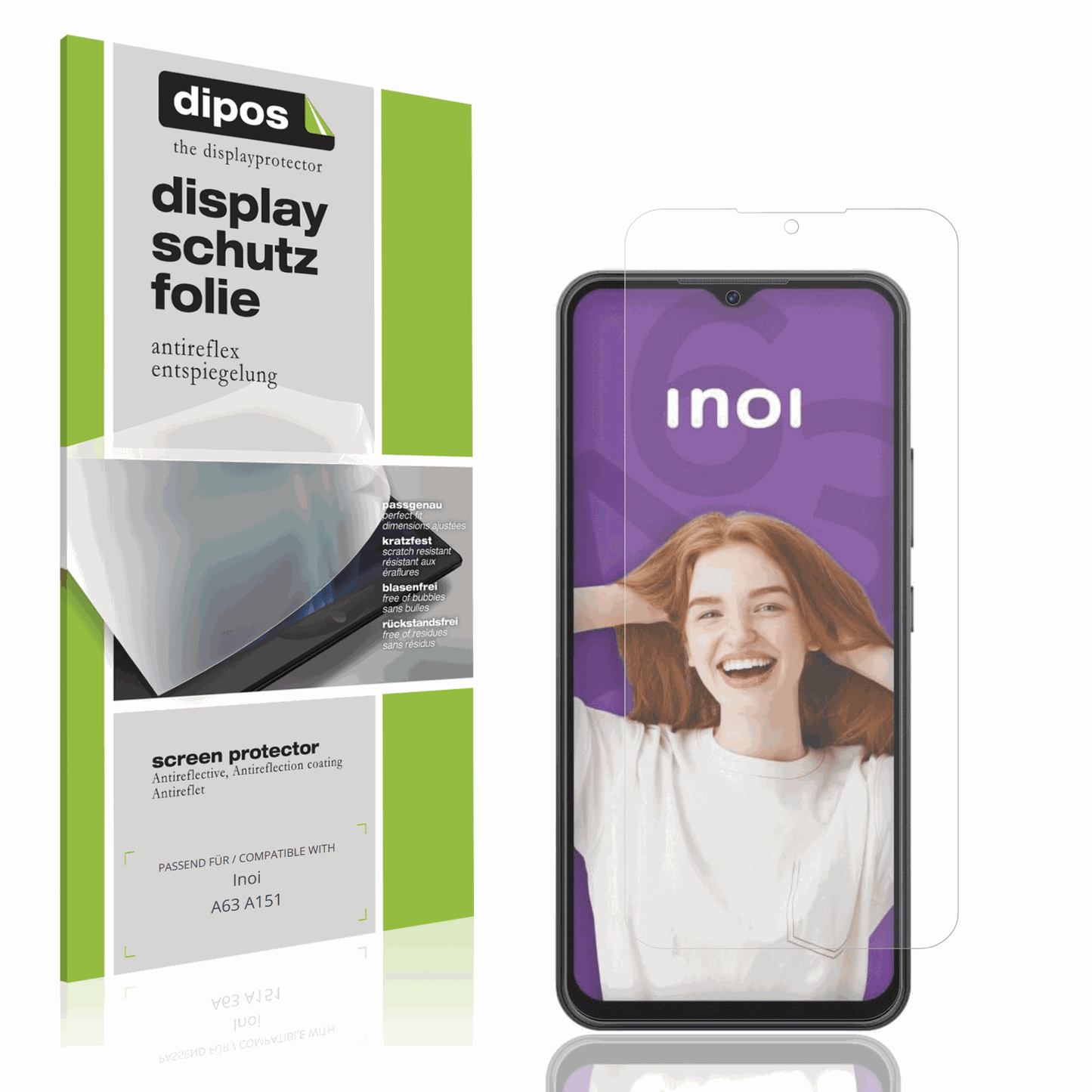 Matte Displayschutzfolie von dipos passend für Inoi A63 A151, präziser Zuschnitt und blasenfrei montiert