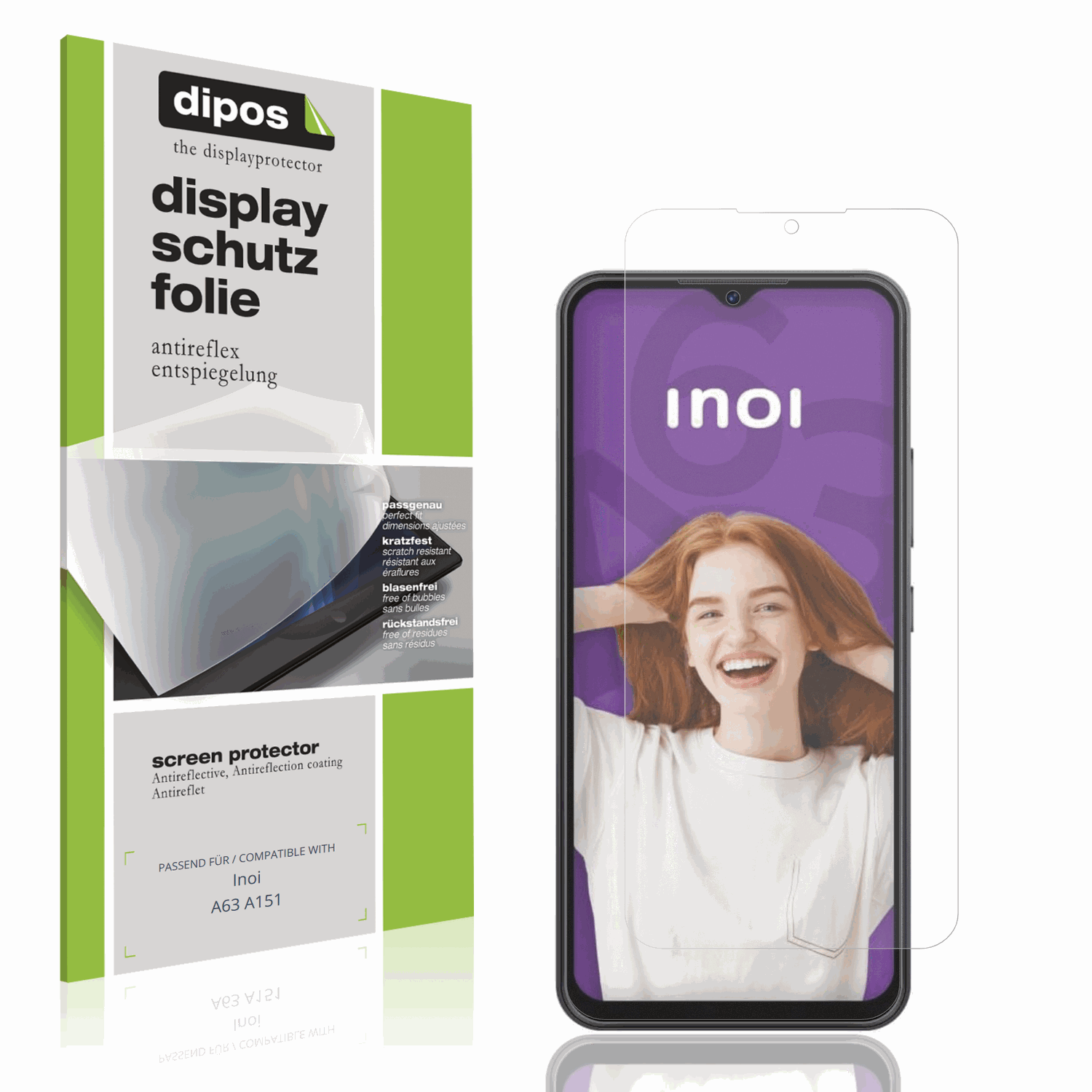 Matte Displayschutzfolie von dipos passend für Inoi A63 A151, präziser Zuschnitt und blasenfrei montiert