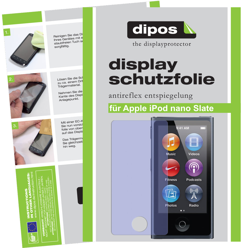Matte Displayschutzfolie von dipos passend für iPod Nano Slate 7G Apple, präziser Zuschnitt und blasenfrei montiert