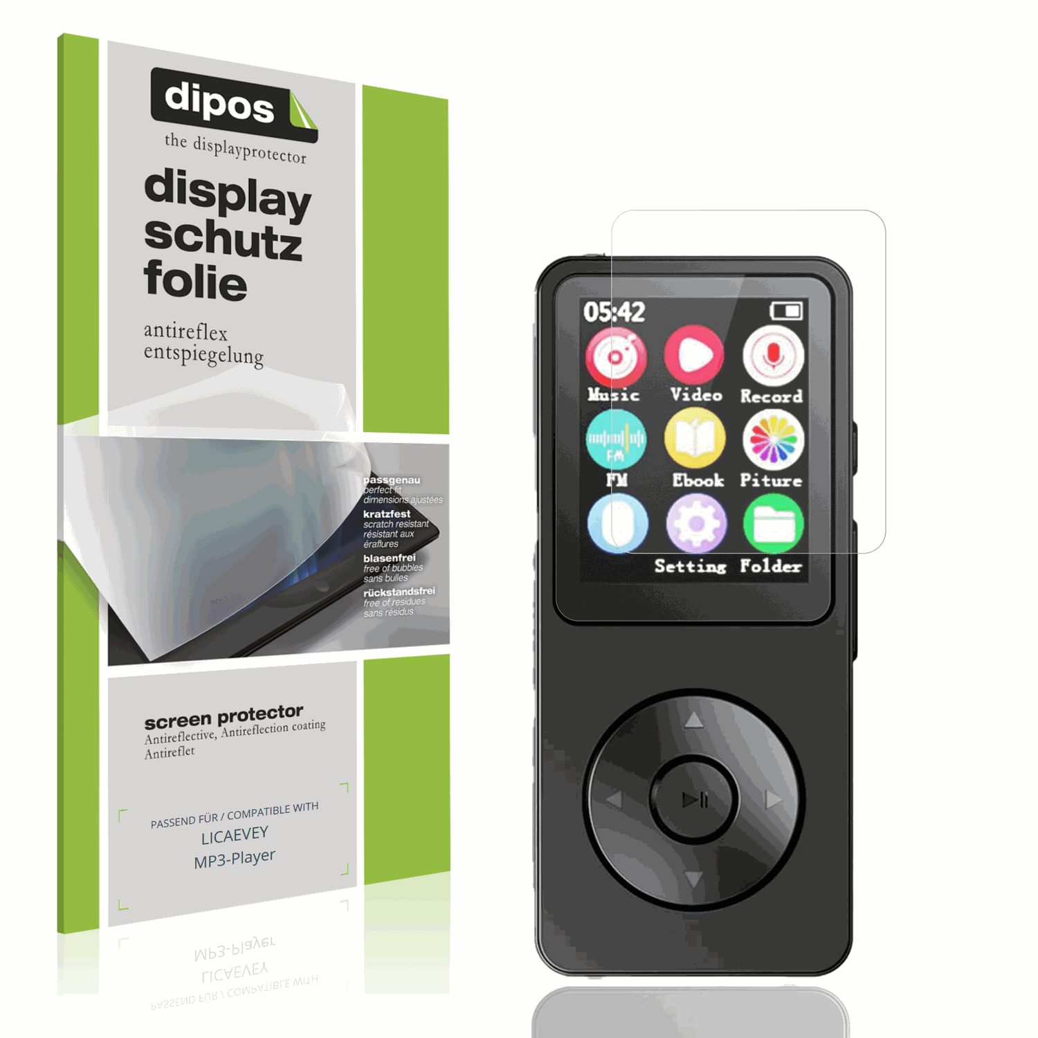 Matte Displayschutzfolie von dipos passend für LICAEVEY MP3-Player, präziser Zuschnitt und blasenfrei montiert