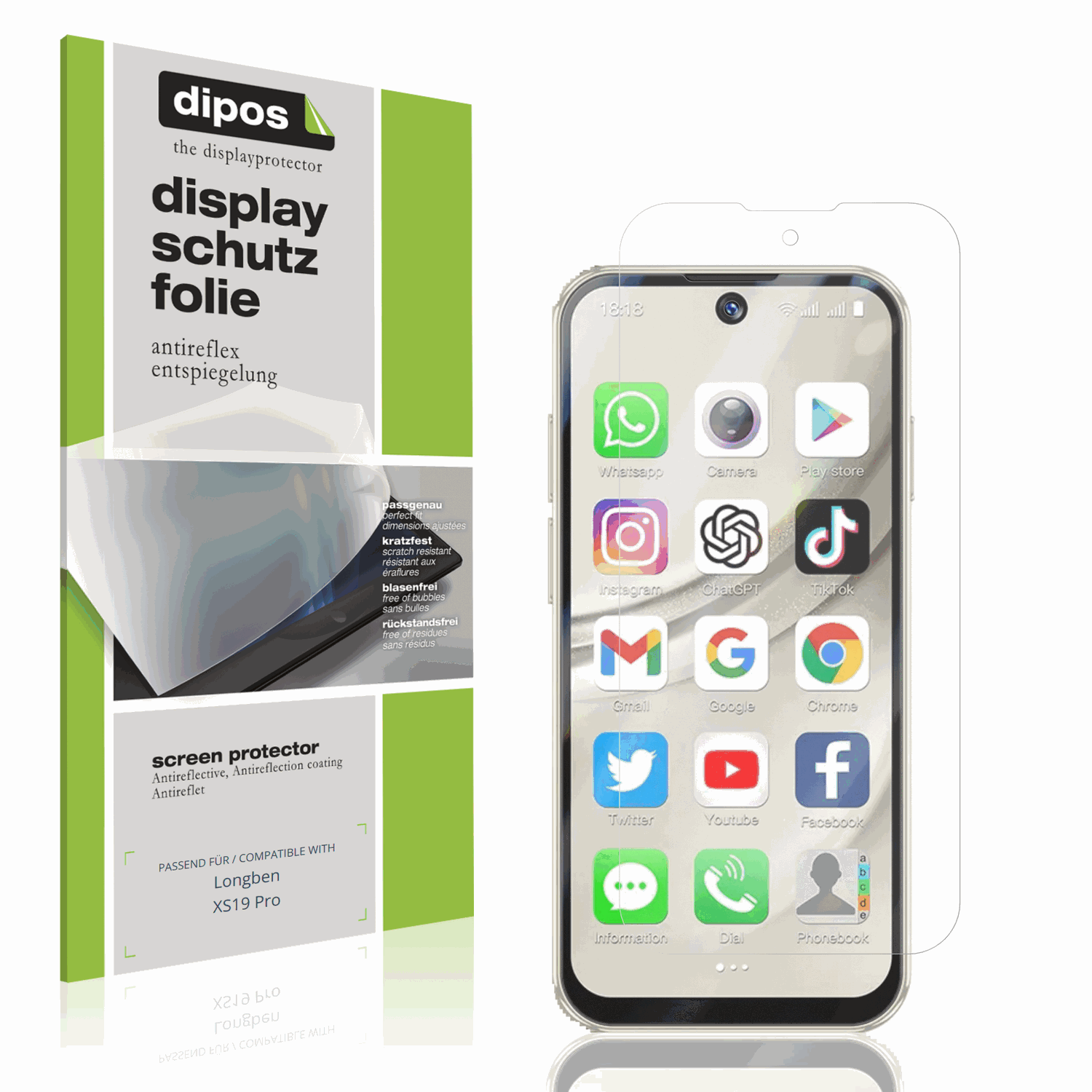 Matte Displayschutzfolie von dipos passend für Longben XS19 Pro, präziser Zuschnitt und blasenfrei montiert