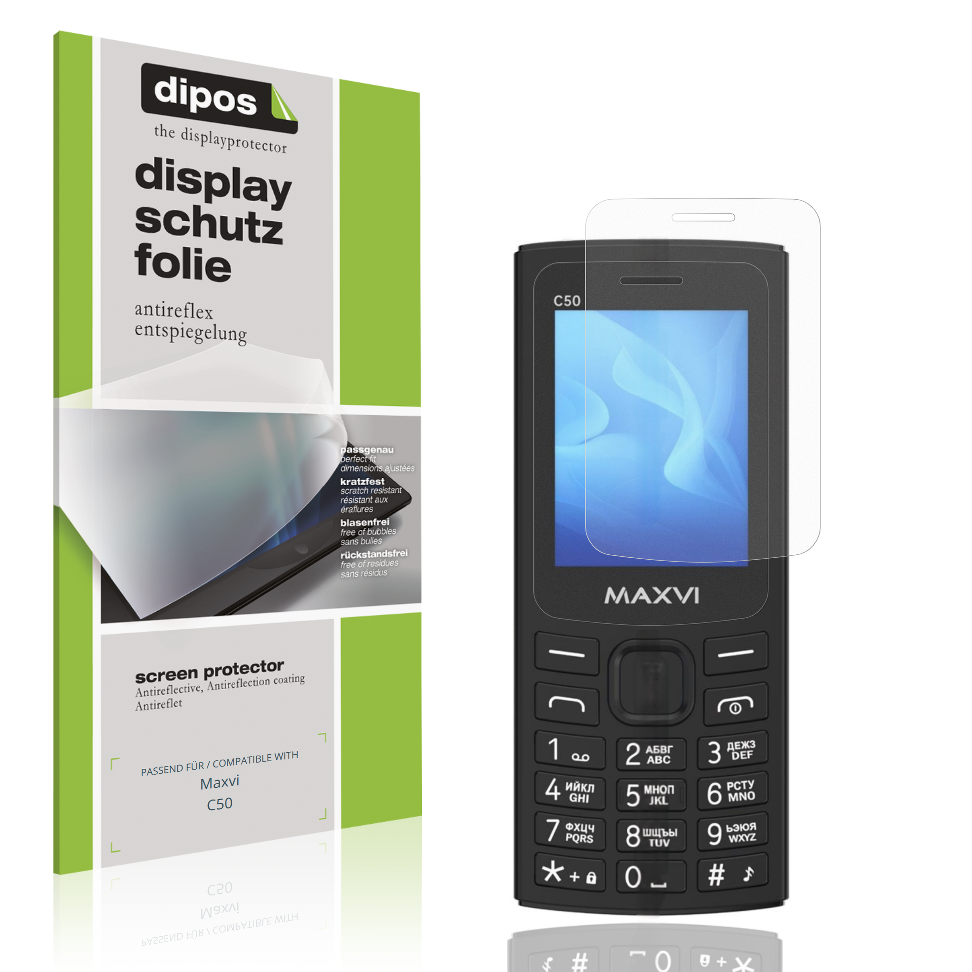Matte Displayschutzfolie von dipos passend für Maxvi C50, präziser Zuschnitt und blasenfrei montiert