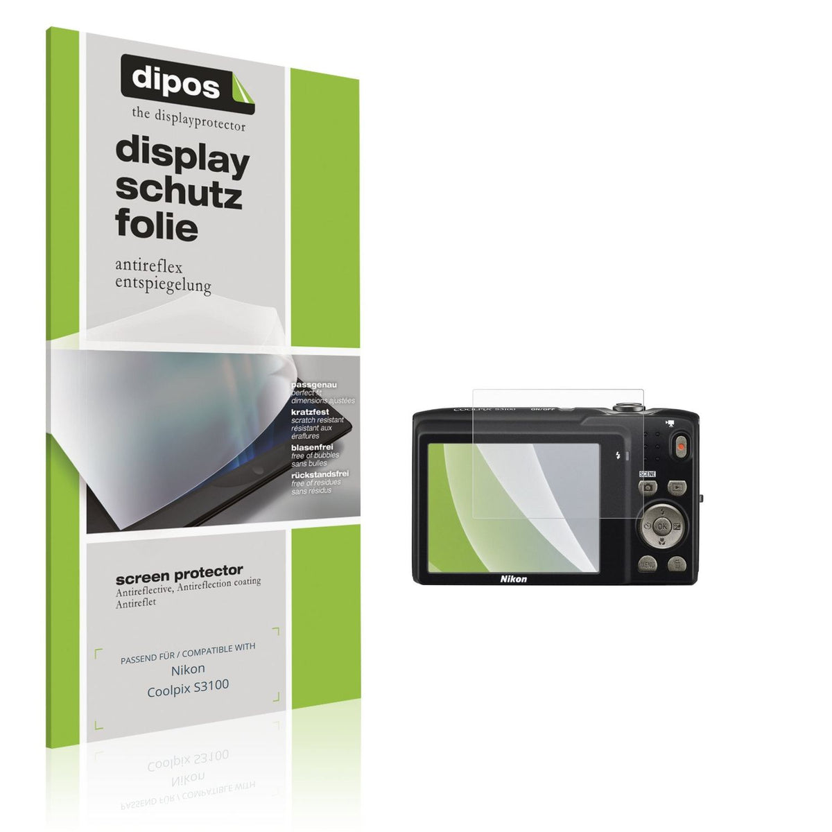 Matte Displayschutzfolie von dipos passend für Nikon Coolpix S3100, präziser Zuschnitt und blasenfrei montiert