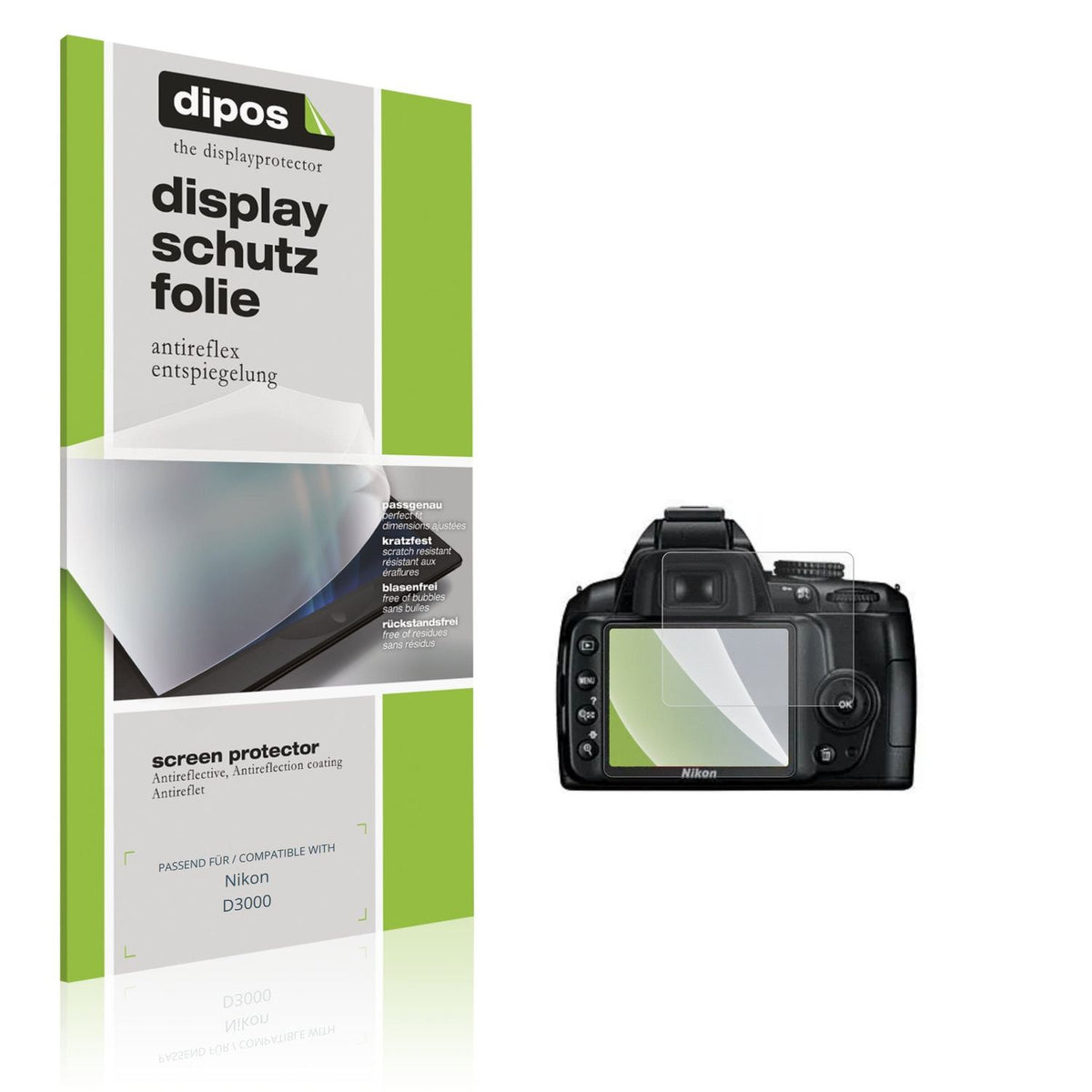 Matte Displayschutzfolie von dipos passend für Nikon D3000, präziser Zuschnitt und blasenfrei montiert