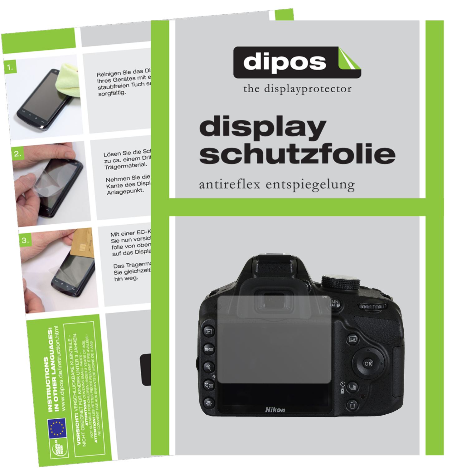 Matte Displayschutzfolie von dipos passend für Nikon D3200, präziser Zuschnitt und blasenfrei montiert