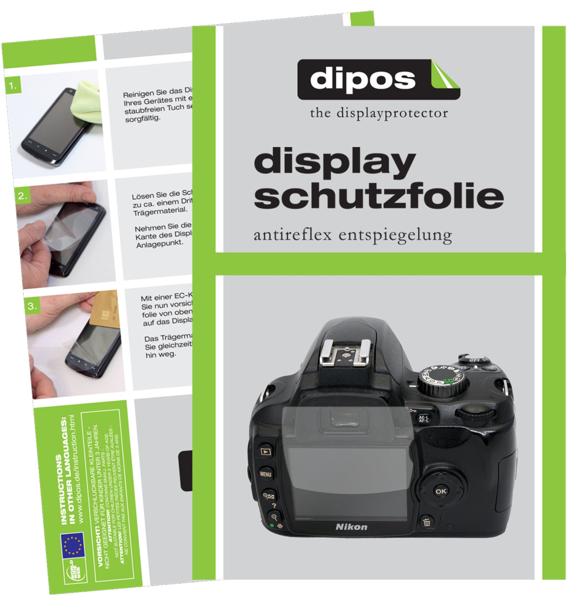 Matte Displayschutzfolie von dipos passend für Nikon D60, präziser Zuschnitt und blasenfrei montiert