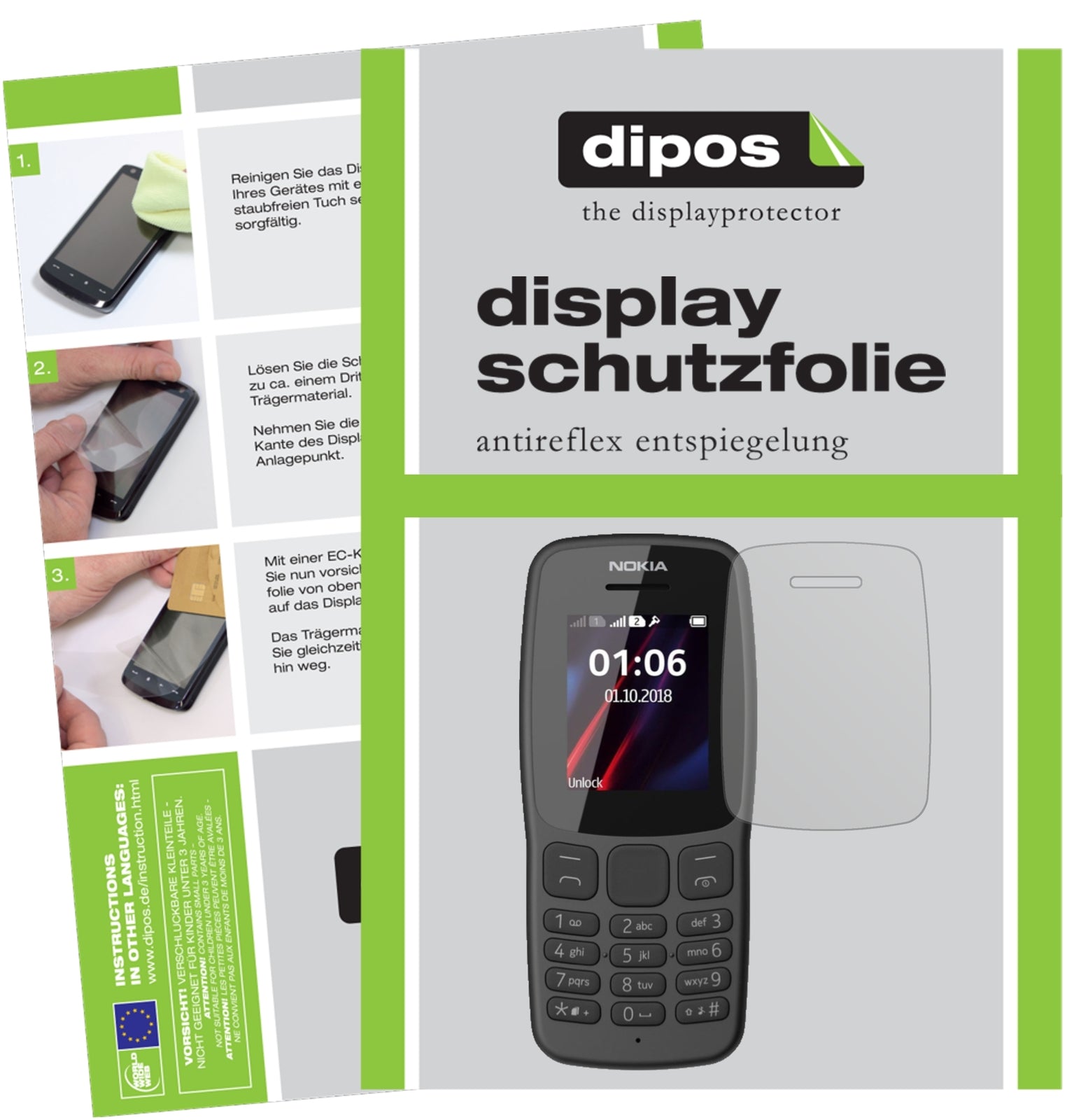Matte Displayschutzfolie von dipos passend für Nokia 106 (2018), präziser Zuschnitt und blasenfrei montiert