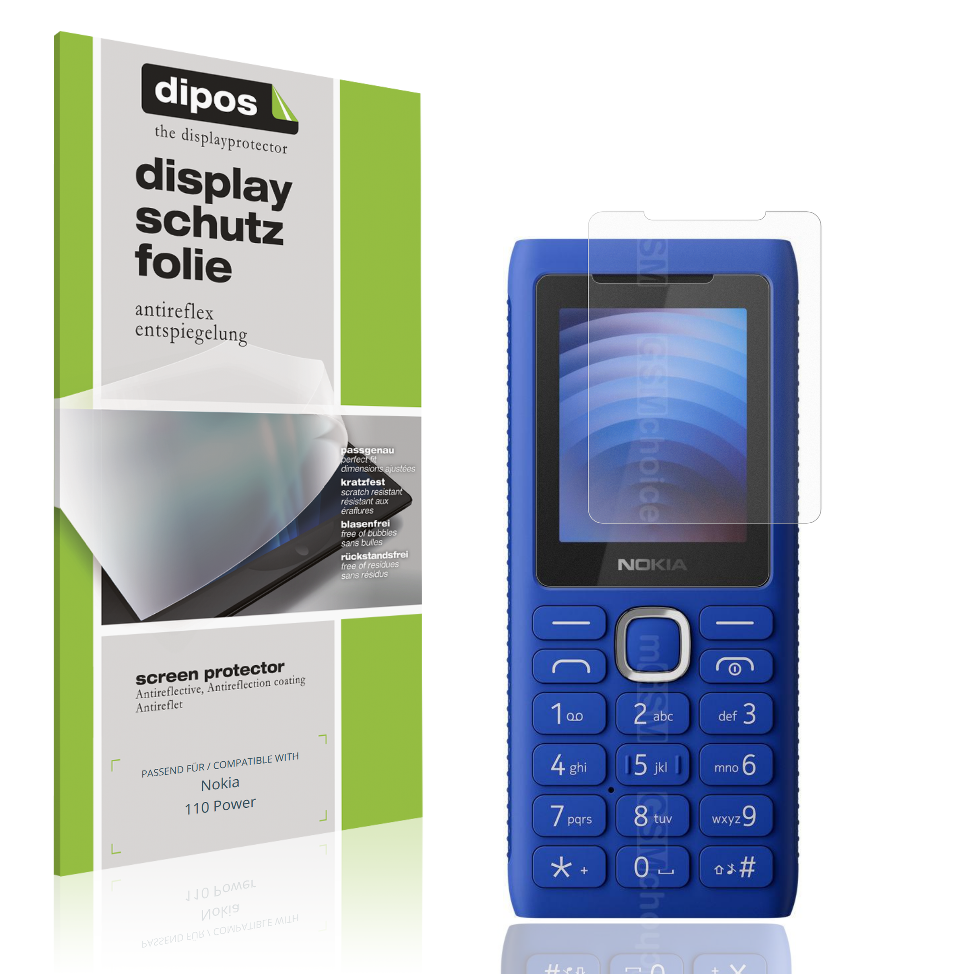 Matte Displayschutzfolie von dipos passend für Nokia 110 Power, präziser Zuschnitt und blasenfrei montiert