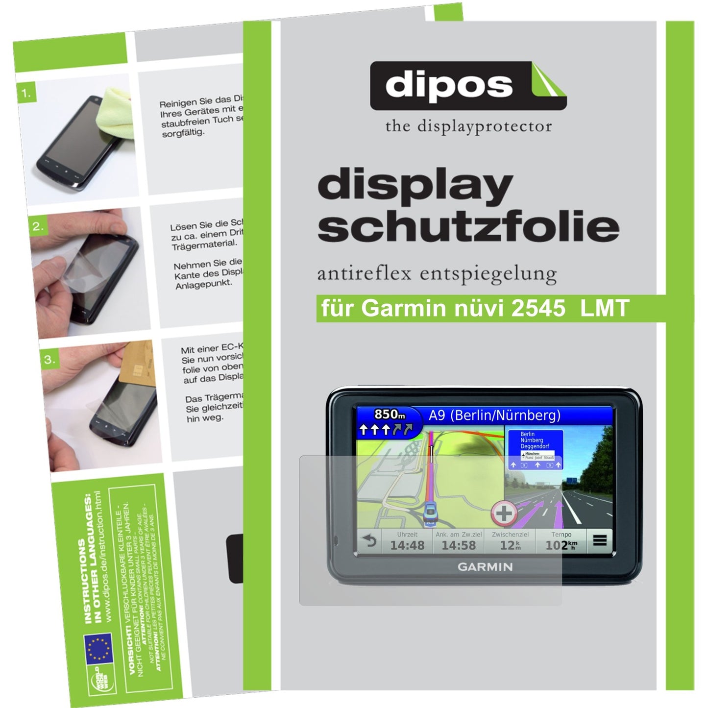 Matte Displayschutzfolie von dipos passend für nüvi 2545 LMT Garmin, präziser Zuschnitt und blasenfrei montiert