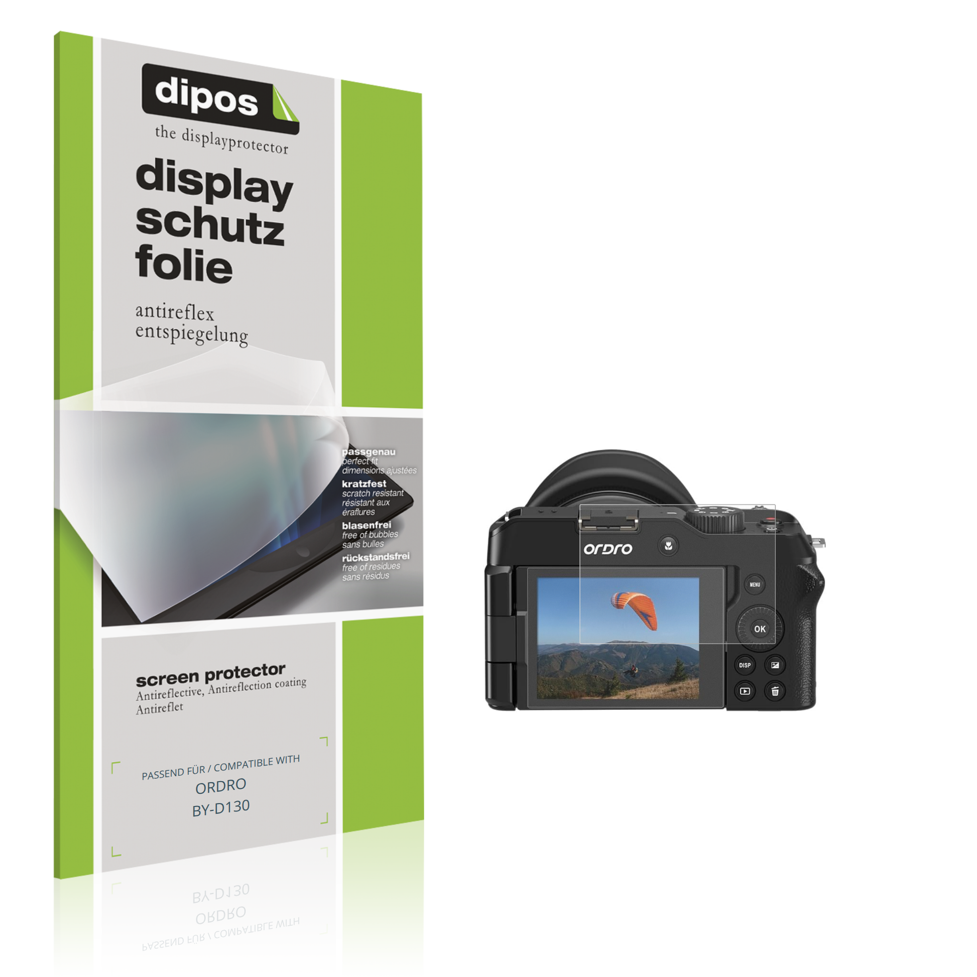 Matte Displayschutzfolie von dipos passend für ORDRO BY-D130, präziser Zuschnitt und blasenfrei montiert