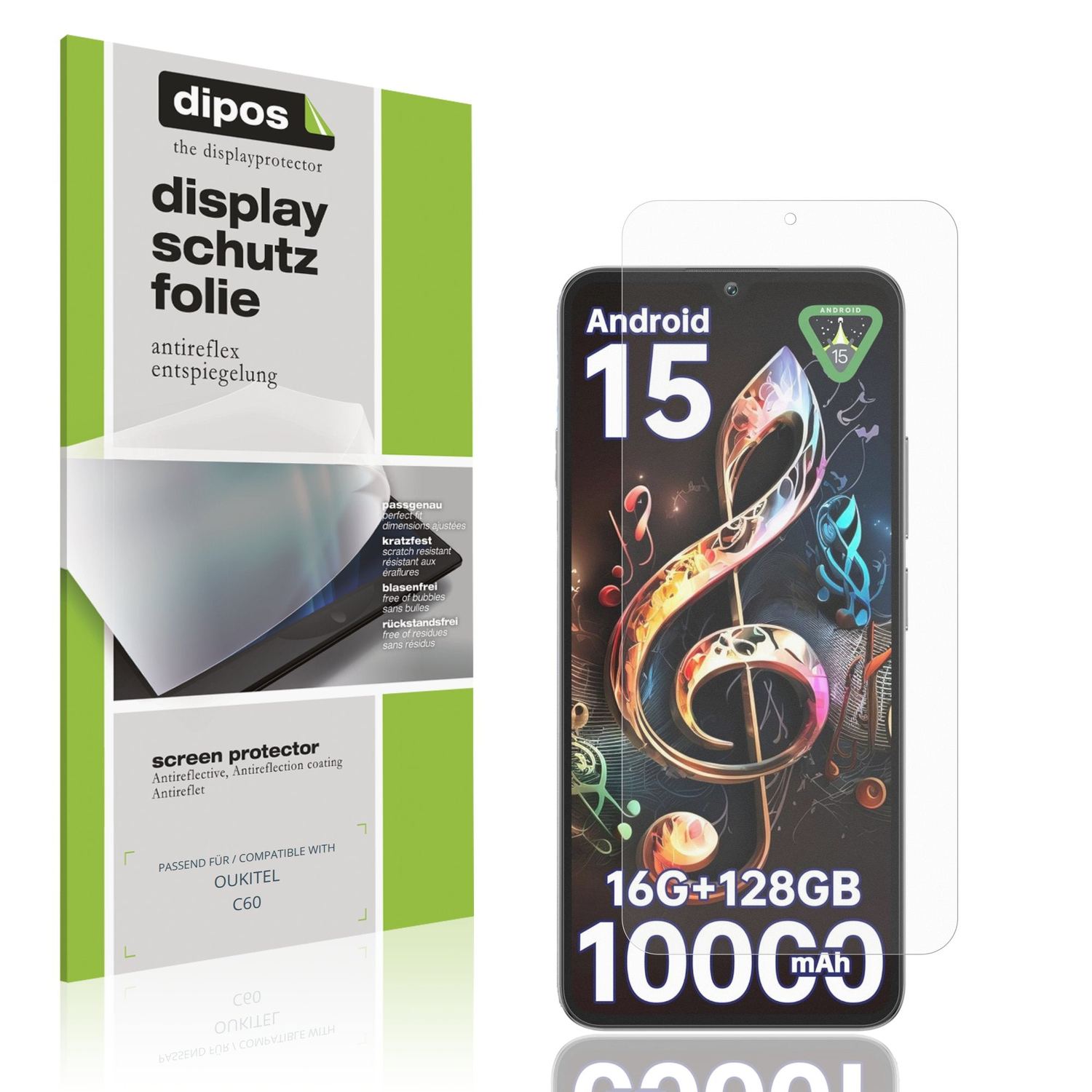 Matte Displayschutzfolie von dipos passend für OUKITEL C60, präziser Zuschnitt und blasenfrei montiert