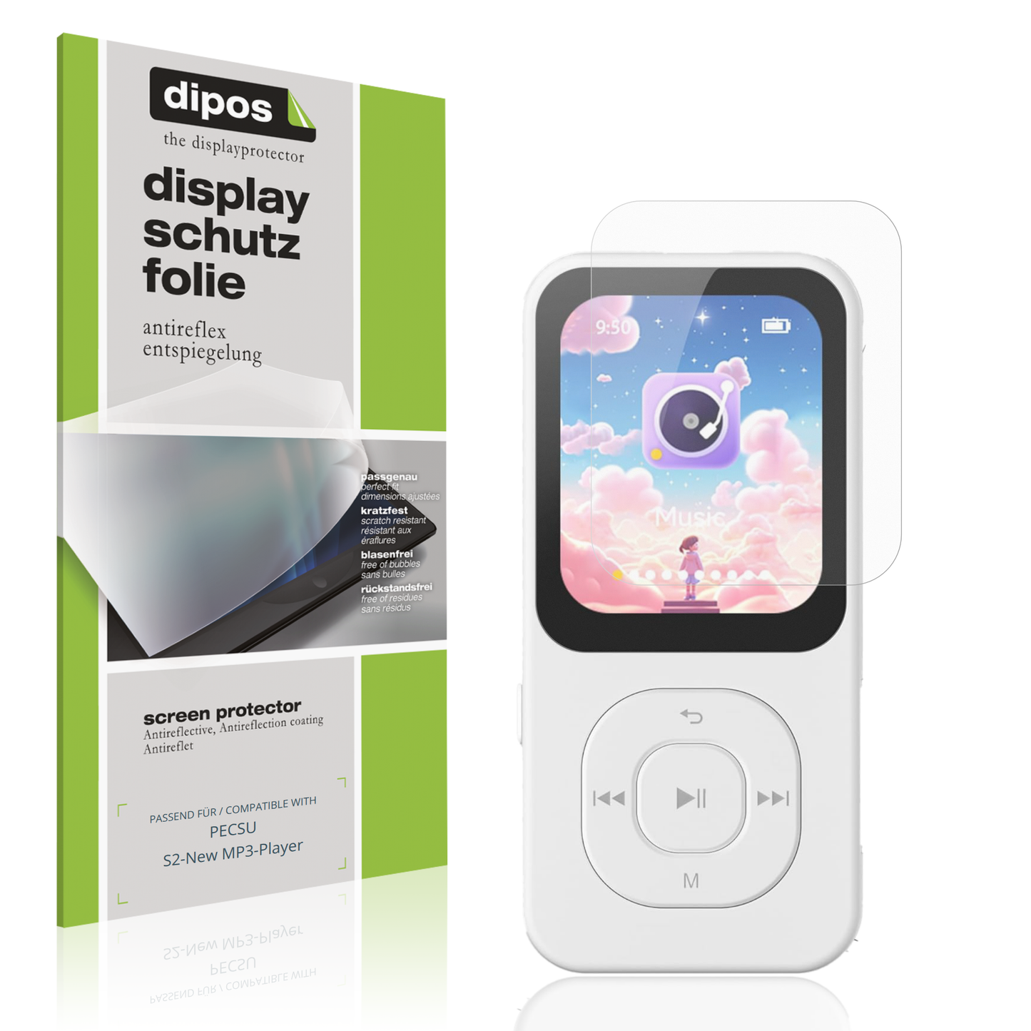 Matte Displayschutzfolie von dipos passend für PECSU S2-New MP3-Player, präziser Zuschnitt und blasenfrei montiert