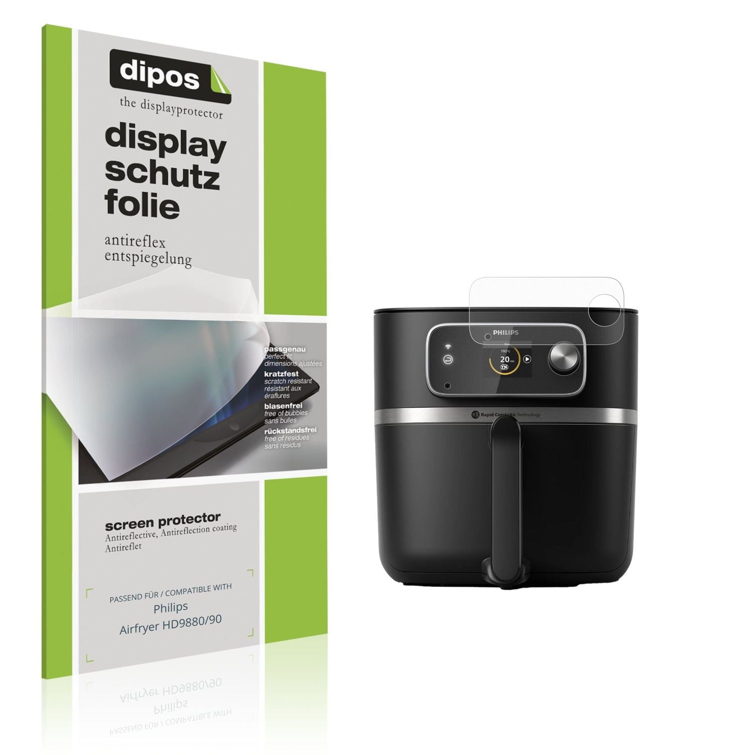 Matte Displayschutzfolie von dipos passend für Philips Airfryer HD9880/90, präziser Zuschnitt und blasenfrei montiert