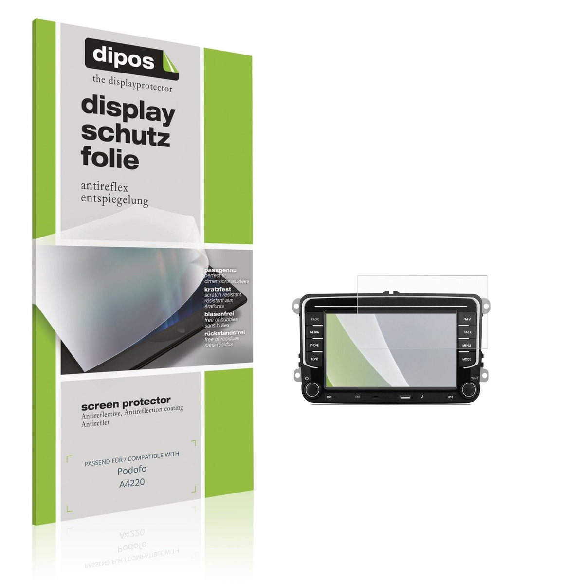 Matte Displayschutzfolie von dipos passend für Podofo A4220, präziser Zuschnitt und blasenfrei montiert
